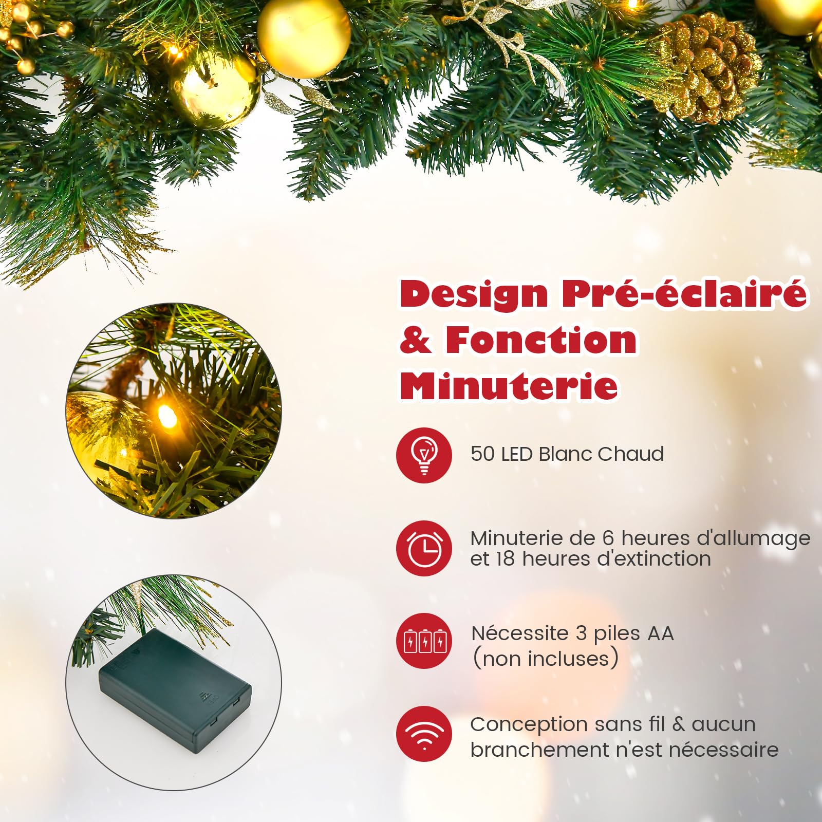 GOPLUS Guirlande de Noël Lumineuse Artificielle 270CM avec Lumières LED Blanc Chaud, Baies, Boules, Fleurs et Pommes de Pin Dorées, Décoration de Noël pour Jardin, Escaliers, Cheminée (Doré)