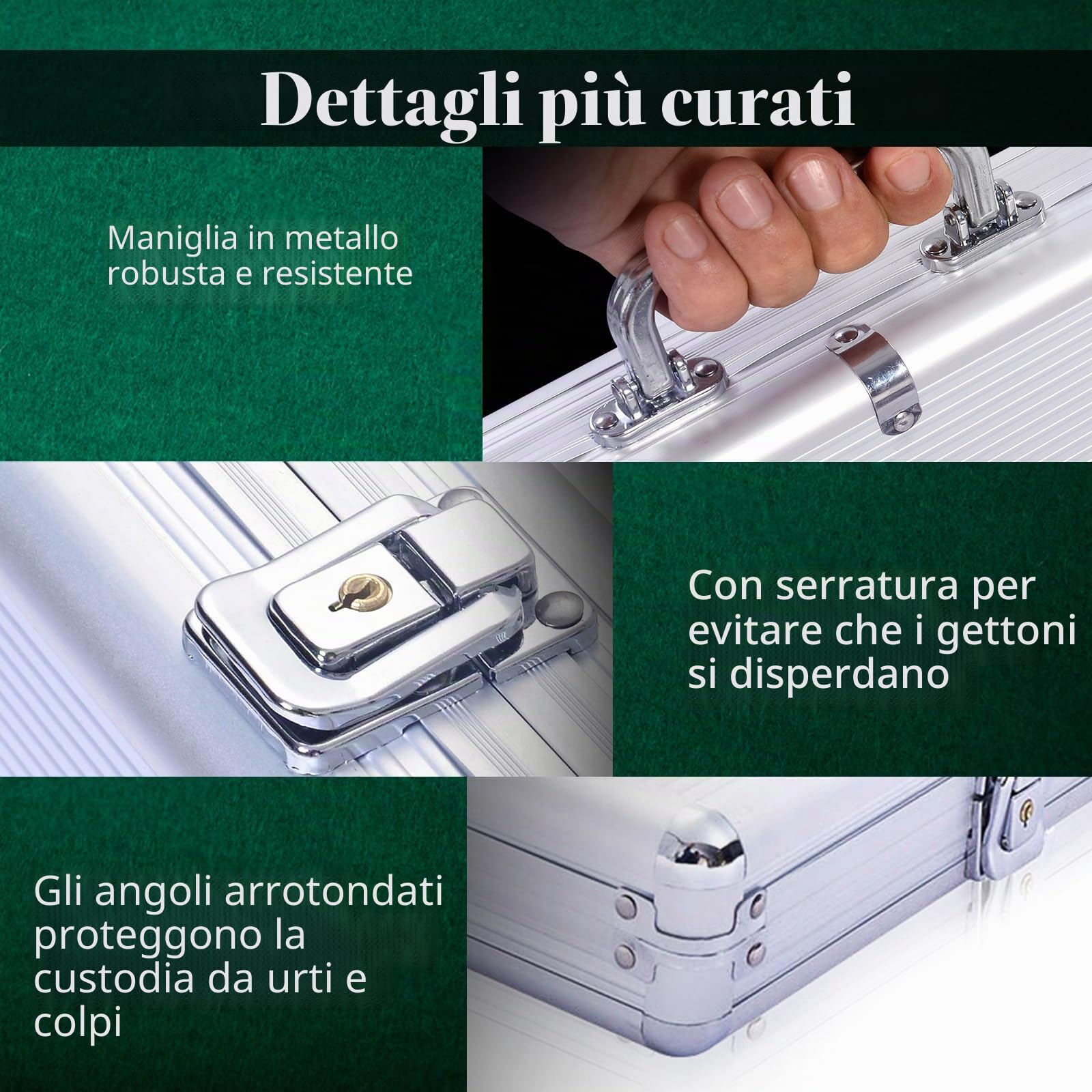 HOMASIS Set da poker con 500 chip, valigetta da poker con 2 mazzi di carte, 5 cubetti, tappetino da casinò, 3 button, custodia da poker professionale in alluminio, set completo di carte da poker per