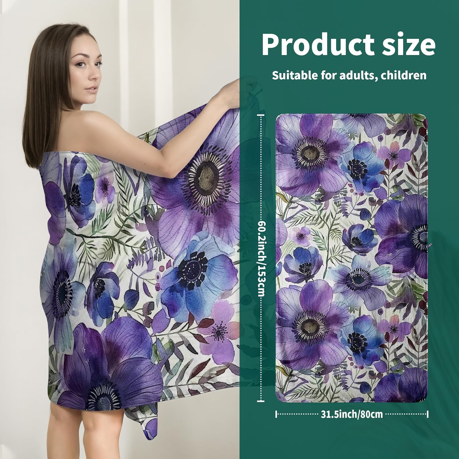 Purple Flowers Decorative Bath Towels Absorbent Microfiber Coral Velet Shower Towel Floral Soft Towel for Bathroom