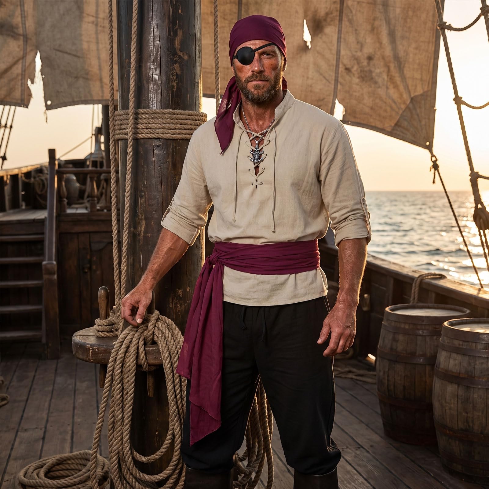Costume de pirate pour homme avec chemise médiévale, pantalon, accessoires de pirate, costume de pirate pour homme, pour Halloween, carnaval, cosplay, fêtes