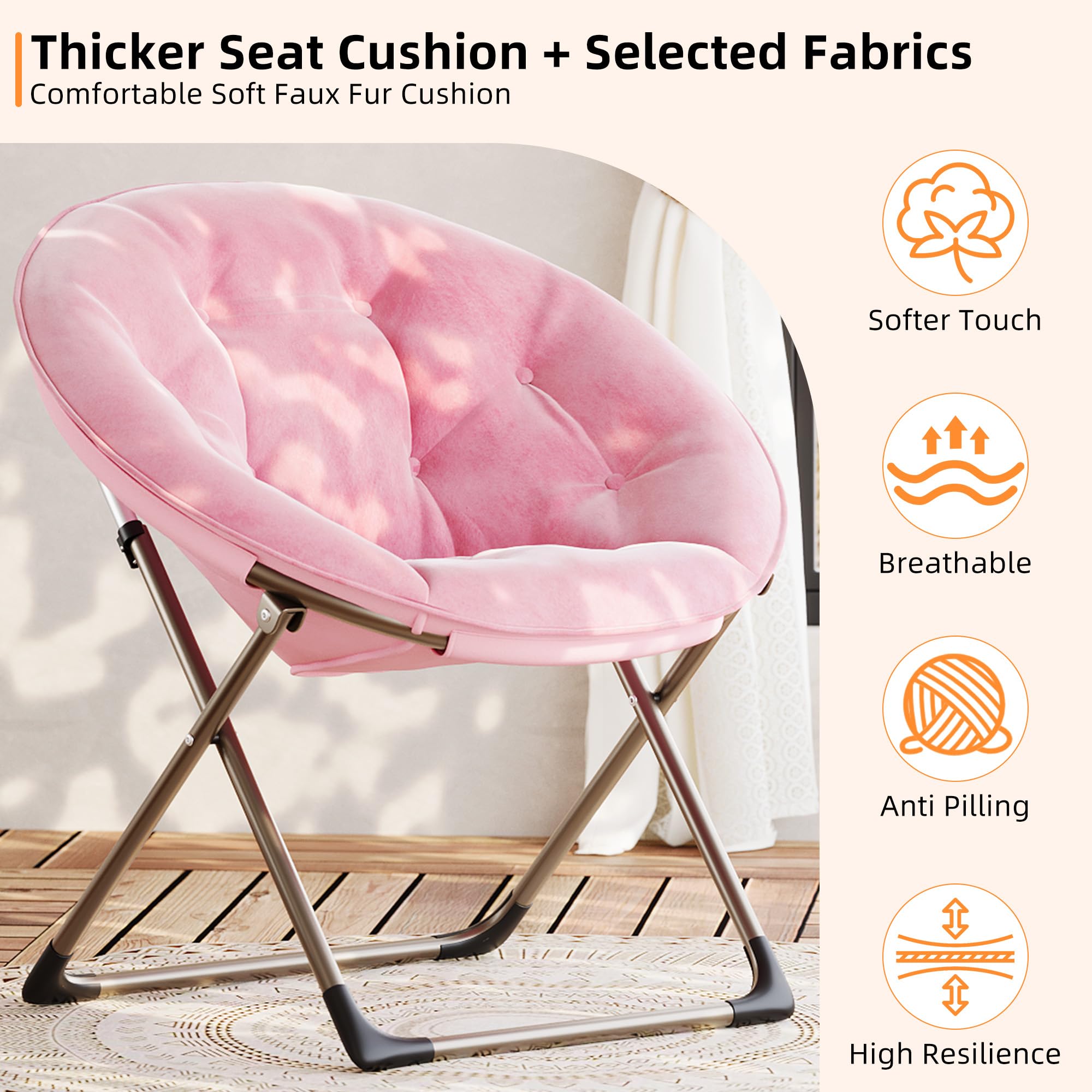 Garvee Silla Moon Plegable de Felpa Suave para Dormitorio - Estructura Metálica Resistente - Oversize y Cómoda - Ideal para Adultos, Adolescentes y Niños - Lectura y Descanso - Rosa con Patas Doradas