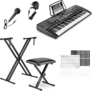 Crystals 61-Key Electric Keyboard Digital Piano Instrument Set with Microphone, Double Braced Adjustable Piano Stand & Padded Piano Stool – Portable Keyboard Piano for Beginner Musicians - Black