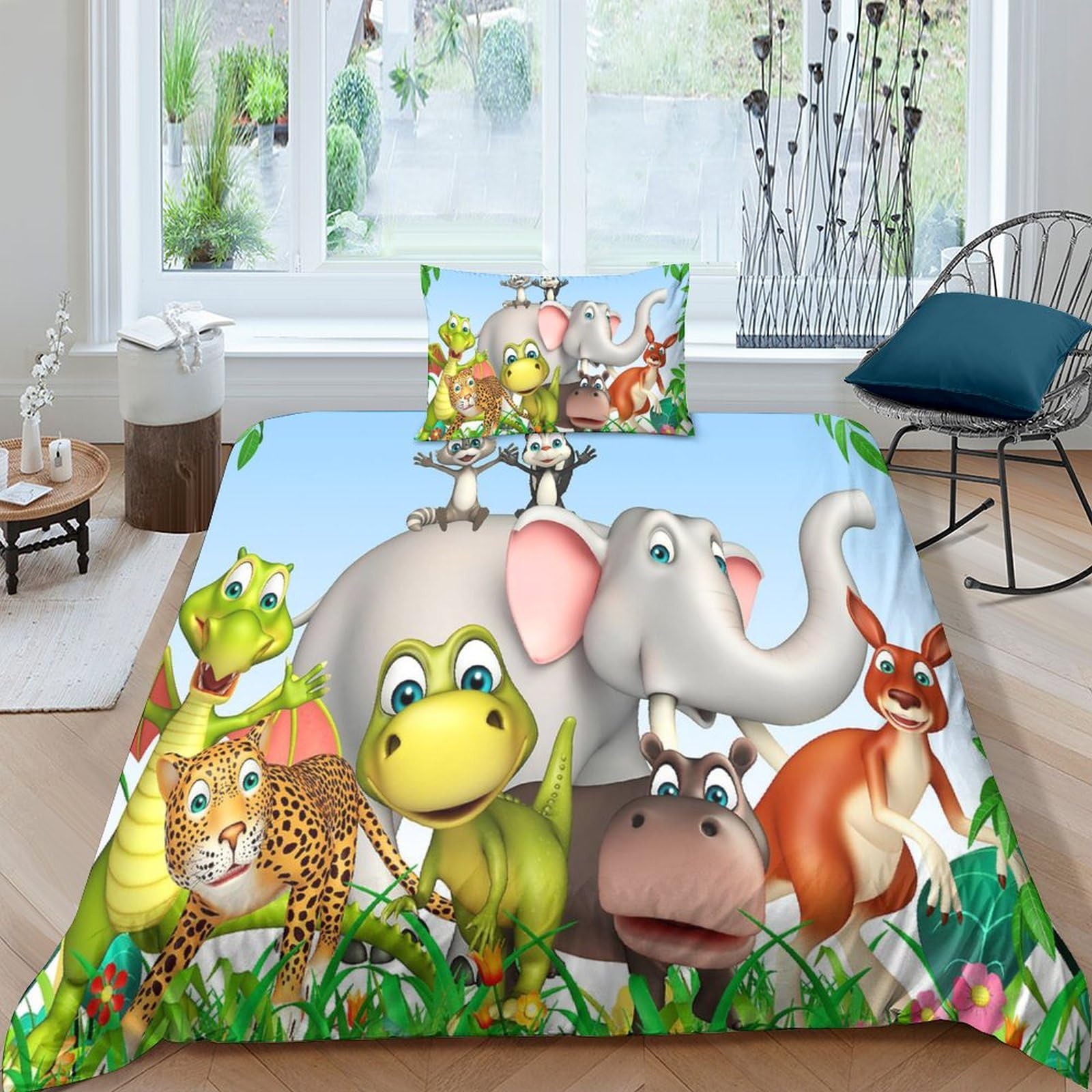 Housse de couette cartoon zoo avec fermeture pour lit propre et border facile