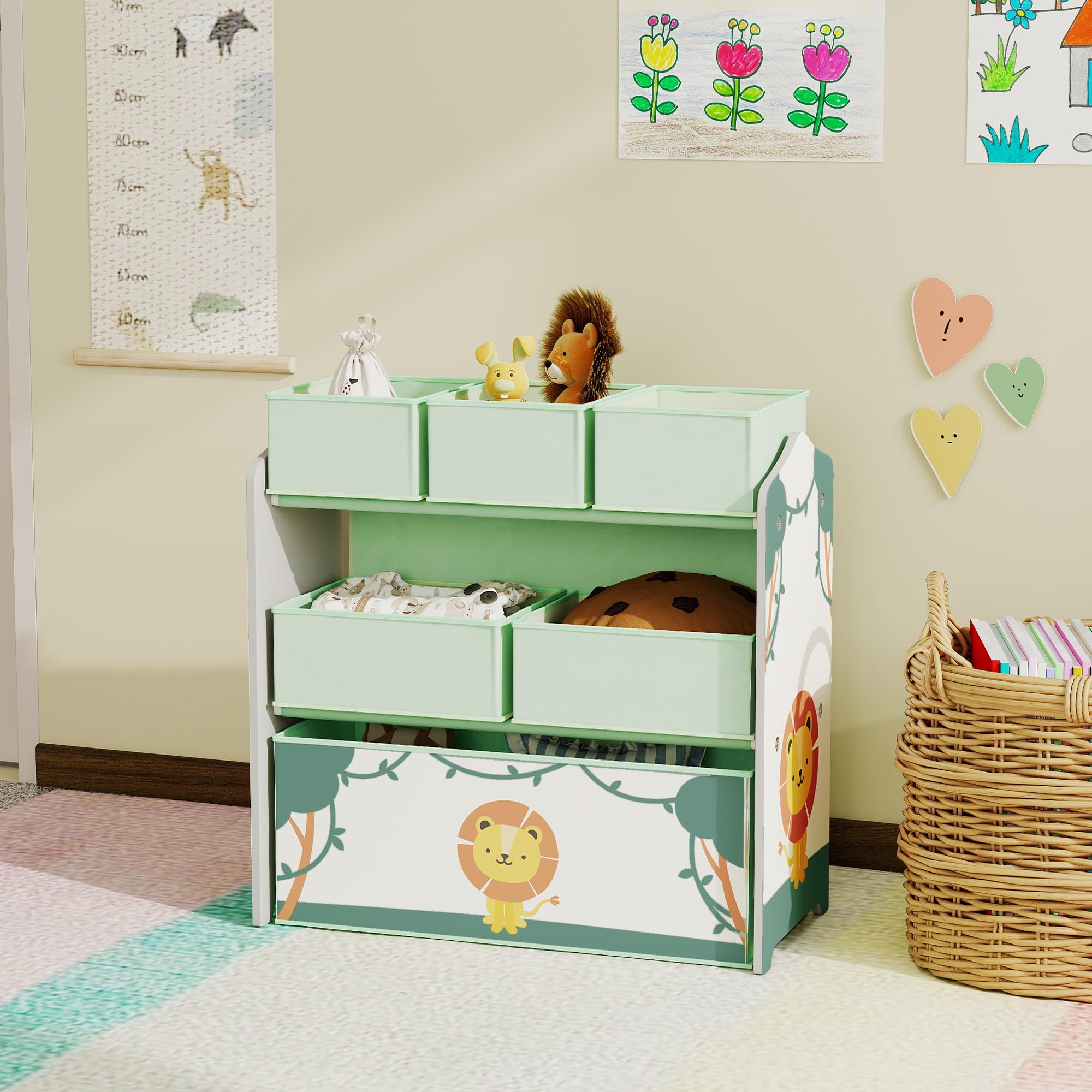 AIYAPLAY Mobile portaoggetti per bambini a 3 livelli, scaffale portaoggetti per giocattoli per bambini con 6 scatole in tessuto rimovibili, per cameretta dei bambini, sala giochi, asilo nido, verde