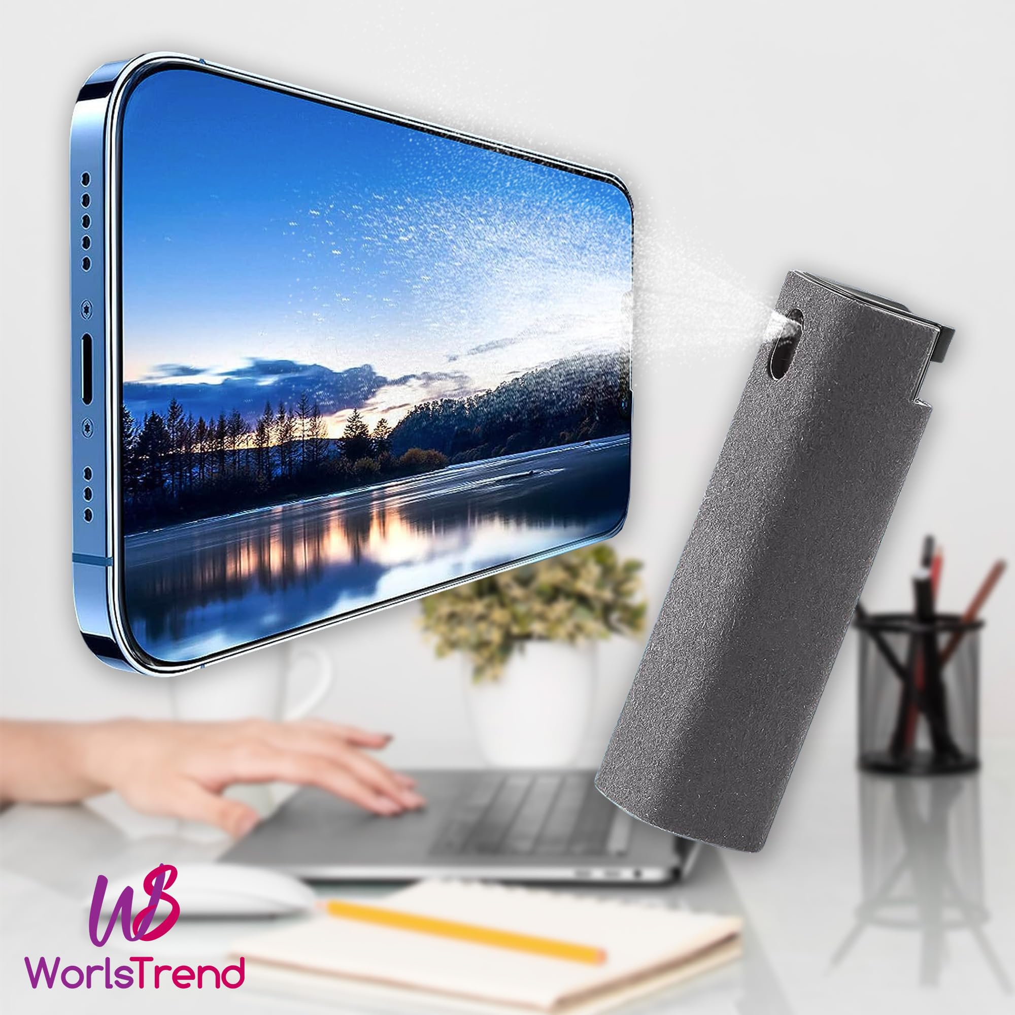 Confezione da 2 pulitori per schermo mobile/PC/TV/iPad/MacBook con panno in microfibra, 2 in 1 pulitore, spruzza e strofina, spruzza e pulisci il tuo schermo all'istante, ricaricabile.