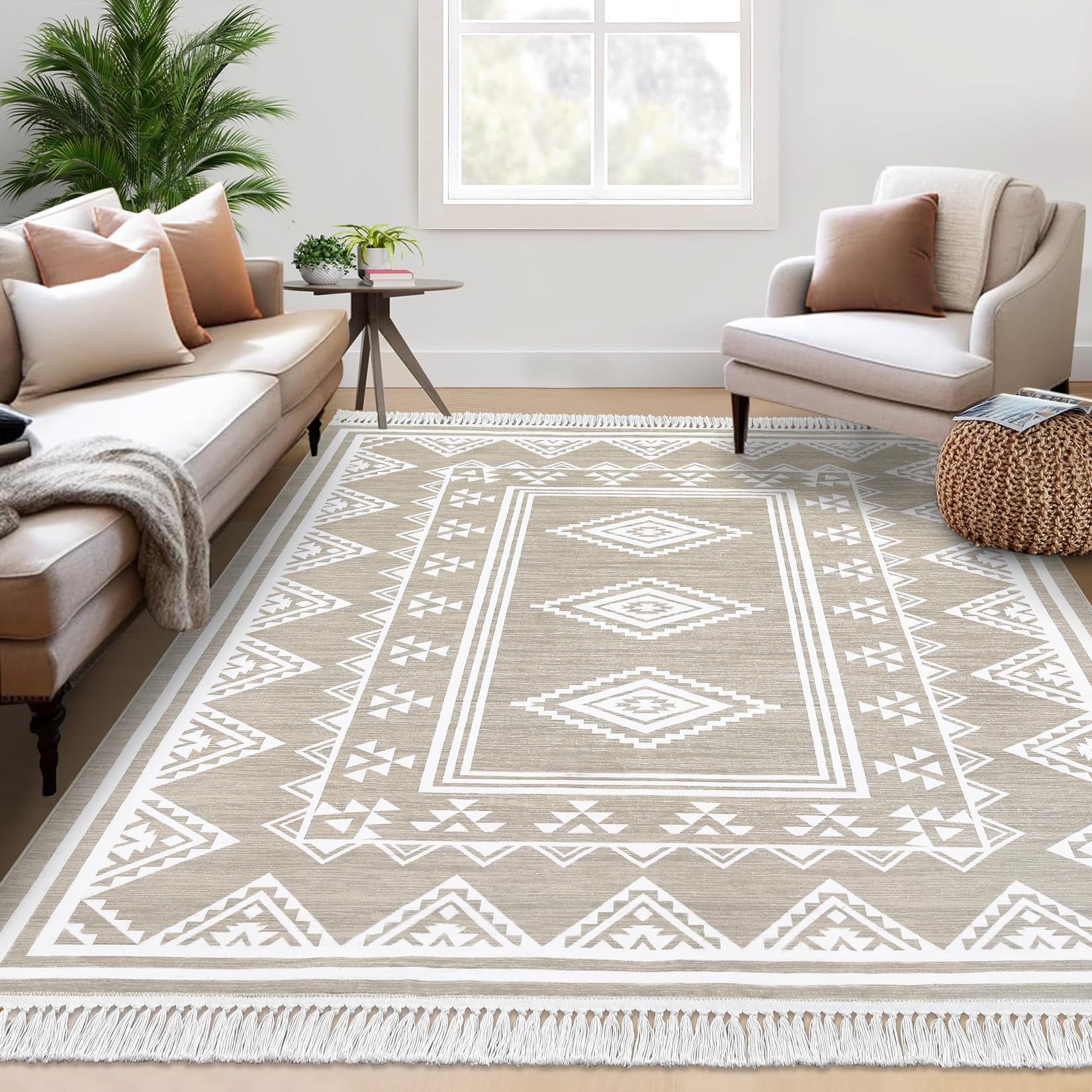 Large Living Room Rug 8x10 Washable Boho Accent Area Rug with Tassel Moroccan Bordered Non-Slip Stain Resistant Floor Cover Farmhouse Geometric Tribal Carpet for Bedroom Nursery, Taupe
