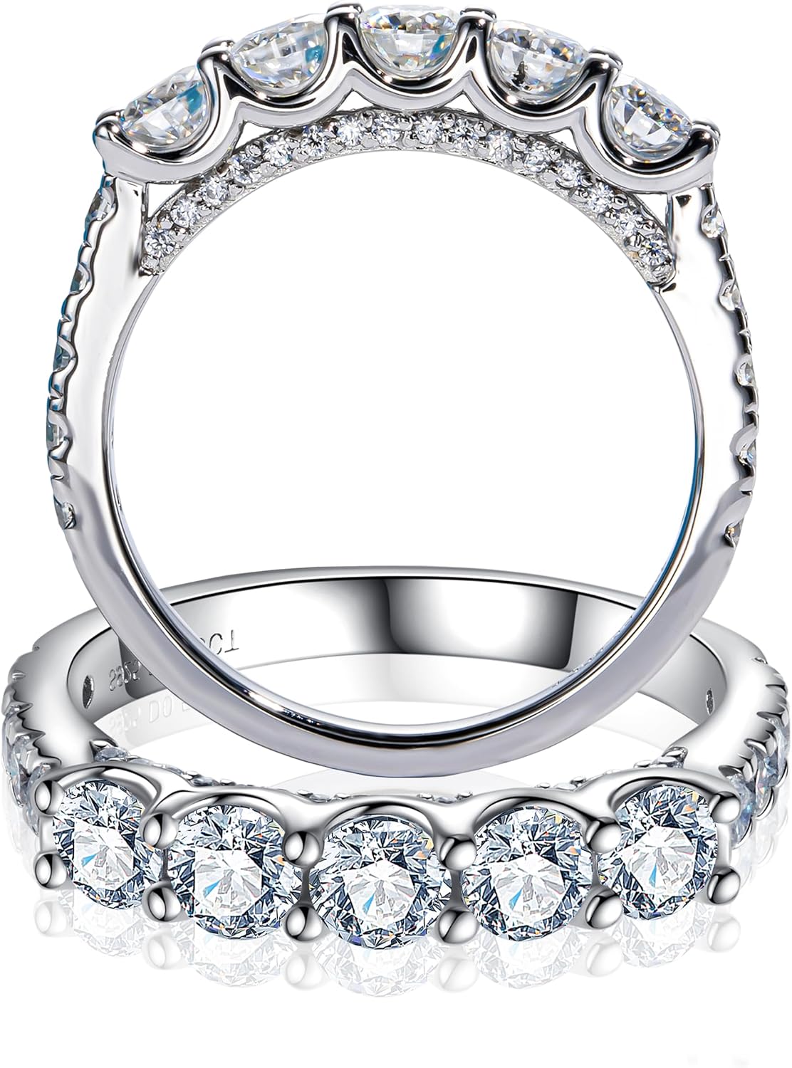 CannyCat 5 Stone Half Eternity Ring - 4.0 mm Moissanite Wedding Band for Women - VVS D Color Moissanite - Platinum-Plated Silver Stacking Ring