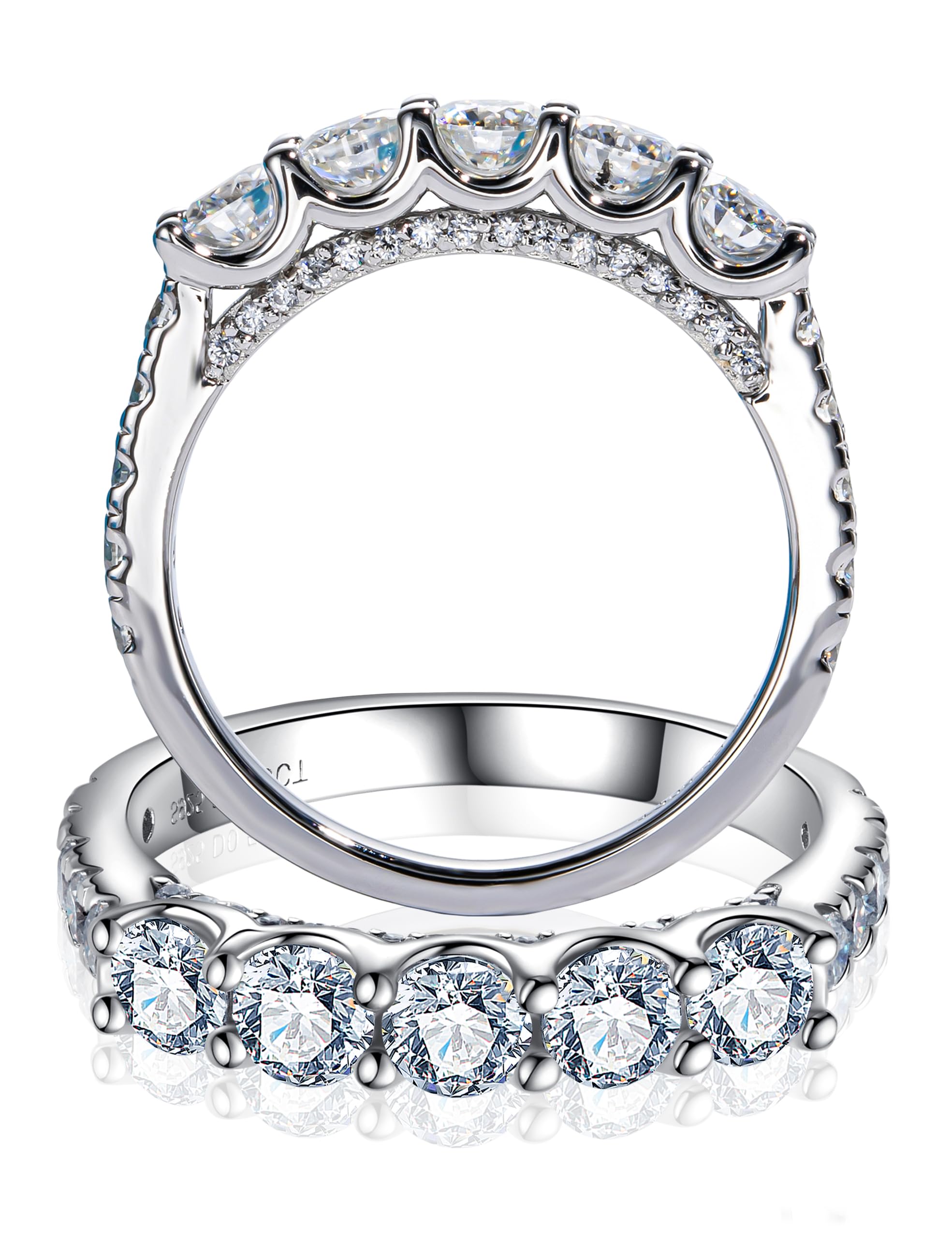 CannyCat 5 Stone Half Eternity Ring - 4.0 mm Moissanite Wedding Band for Women - VVS D Color Moissanite - Platinum-Plated Silver Stacking Ring