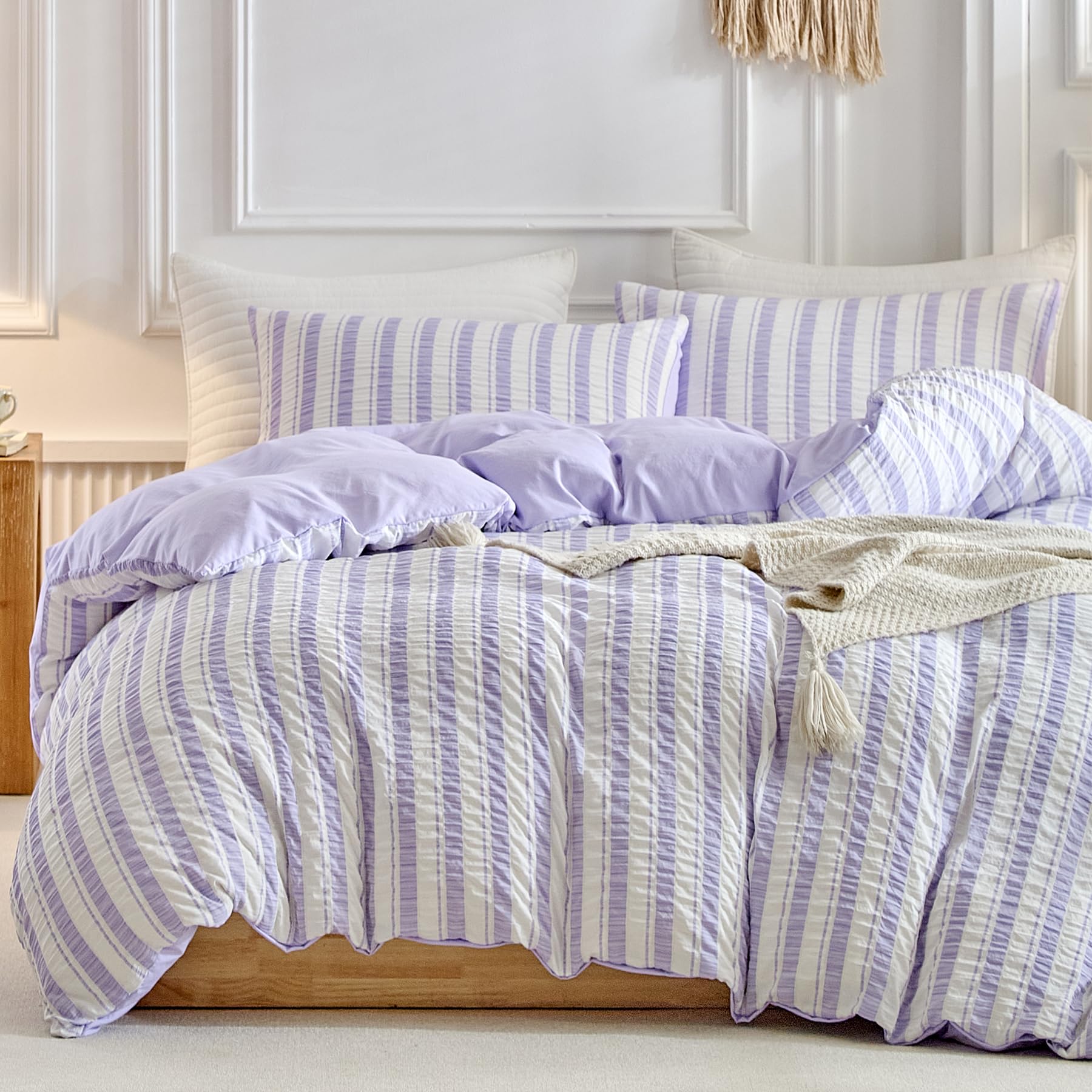 DuShow 3 Pieces Double Duvet Cover Set, Purple Stripe Seersucker Duvet Cover and 2 Pillowcases, Puckered Textured Bedding Set, Soft Breathable Quilt Cover Set - 200x200 cm