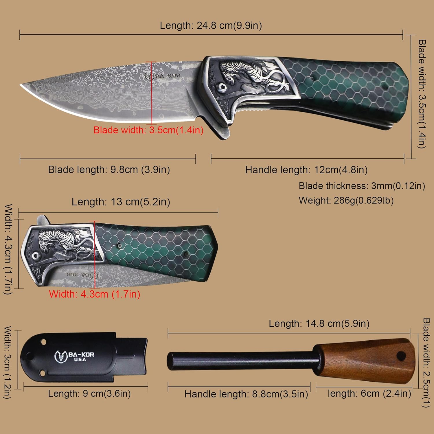 BA-KOR B21A Devil Tiger (XL) 248mm Damascus pocket knife, featuring stainless steel and resin aluminum honeycomb-pattern handle &(5.9IN) cerium igniter, suitable for both men and women as a camping knife and portable hunting survival knife