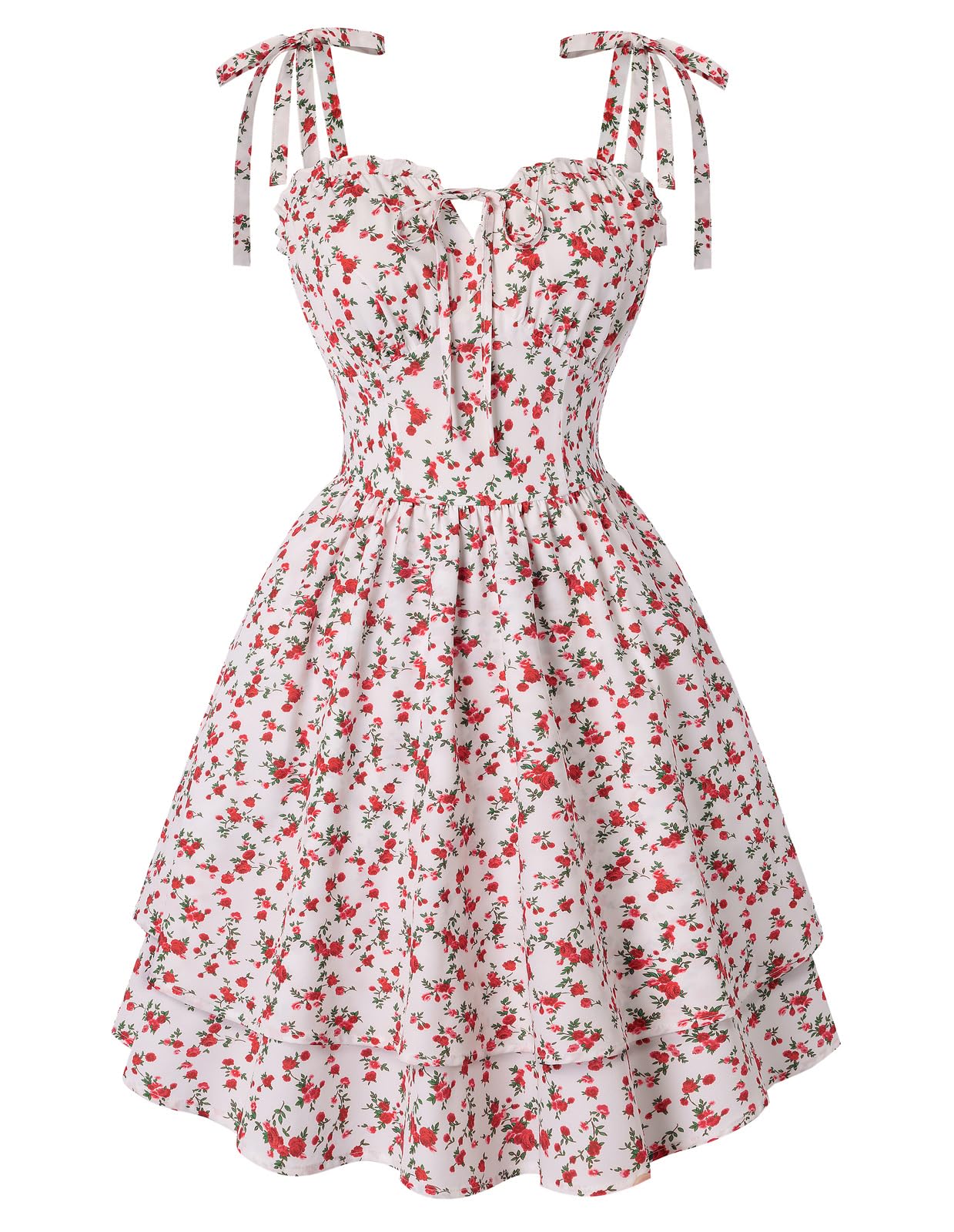 Scarlet Darkness Damen Floral Kleid Teens Sommer Verstellbare Krawatte Schulter Korsett Sundress Tiered Saum Minikleider Weiß Rote Blume XXL