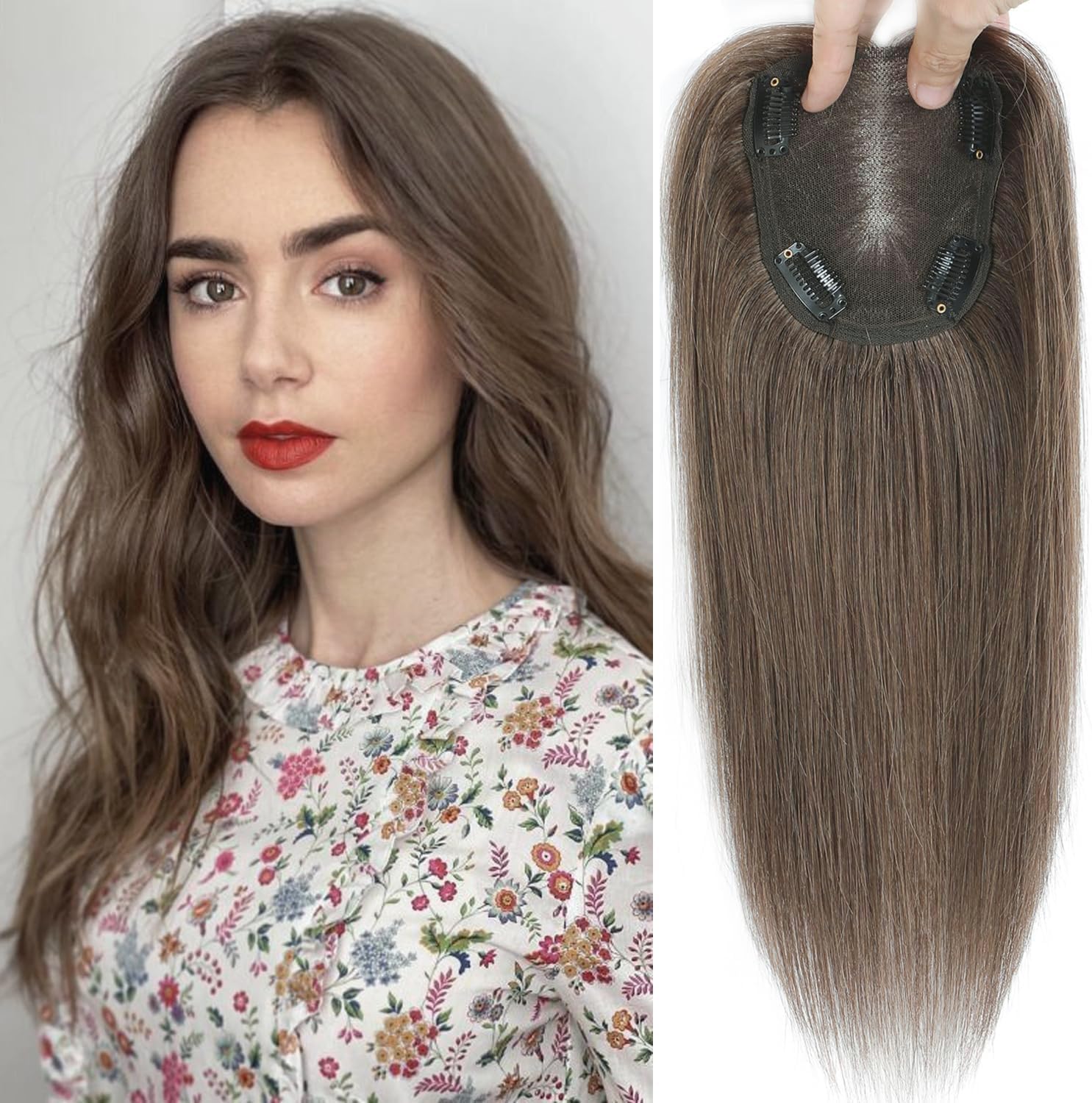 RealHair Toppers for Thinning Hair Women - Human Hair, Hand-Tied, Medium Auburn Brown, 12 inch