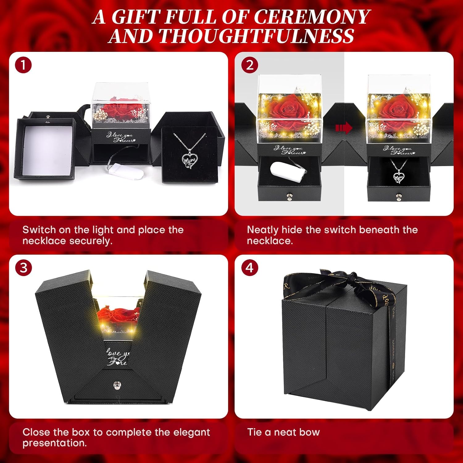 WOKEISE Lighted Preserved Real Rose Flowers with I Love You Mom Necklace, Anniversary Birthday Gifts for Women Mom Grandma,Valentines Mothers Day, Red - Image 6