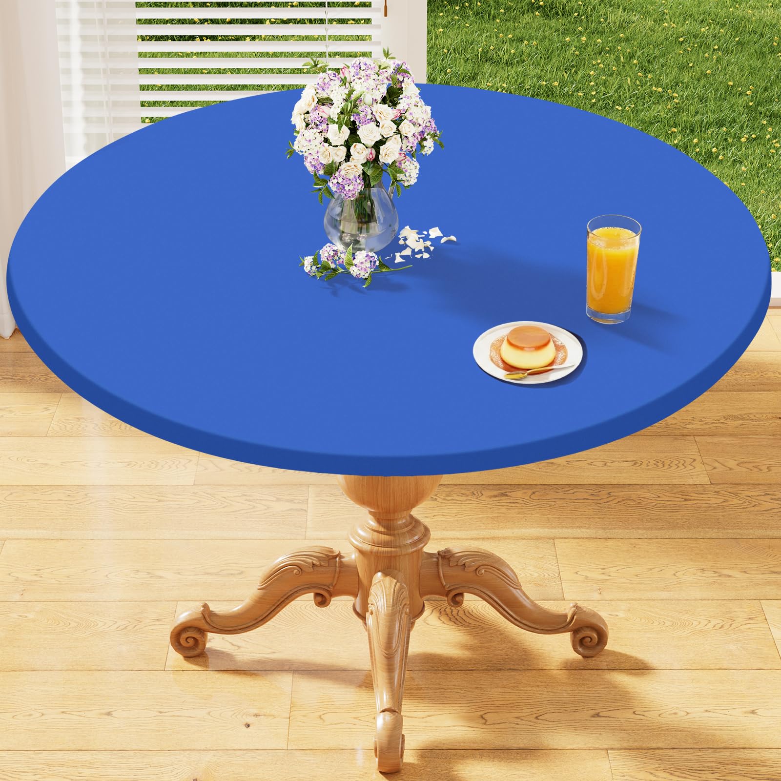 homing Round Fabric Fitted Tablecloth, Elastic Waterproof Oil Proof Table Cloth, Washable Polyester Table Cover Fits 25"-30" Round Tables for Outdoor Picnic Dinner, Blue — image 1