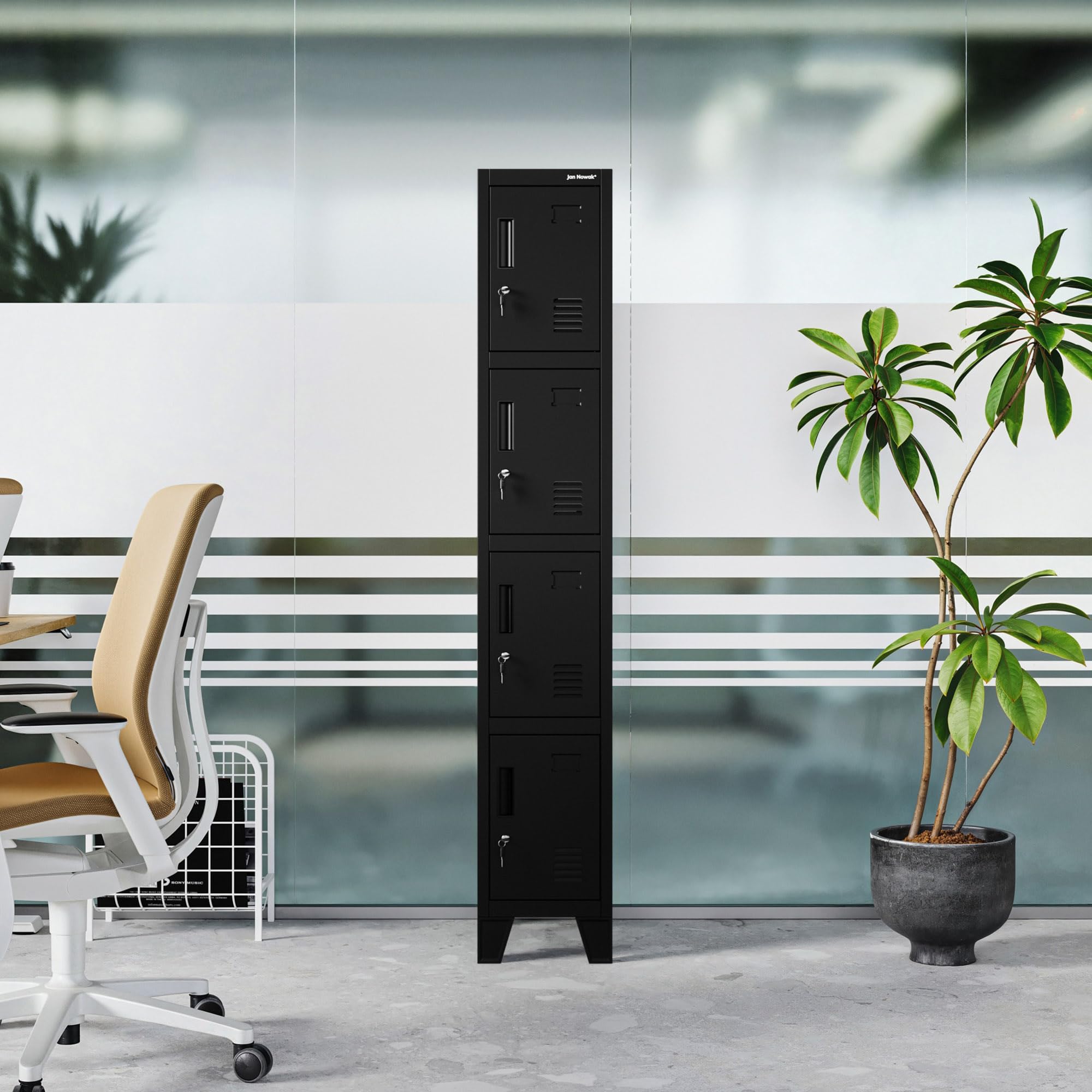 Jan Nowak Armoire Vestiaire Métallique 4 Casiers Verrouillables | Vestiaire professionnel en acier 0,6 mm, 4 casiers ventilés et verrouillables, fixation murale, rangement sécurisé.