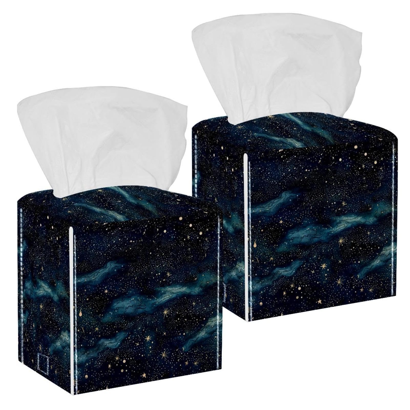 Stars Nebula Tissue Box Cover, 2 Pack PU Leather Square Facial Tissue Dispenser Box holder for Home Office Car