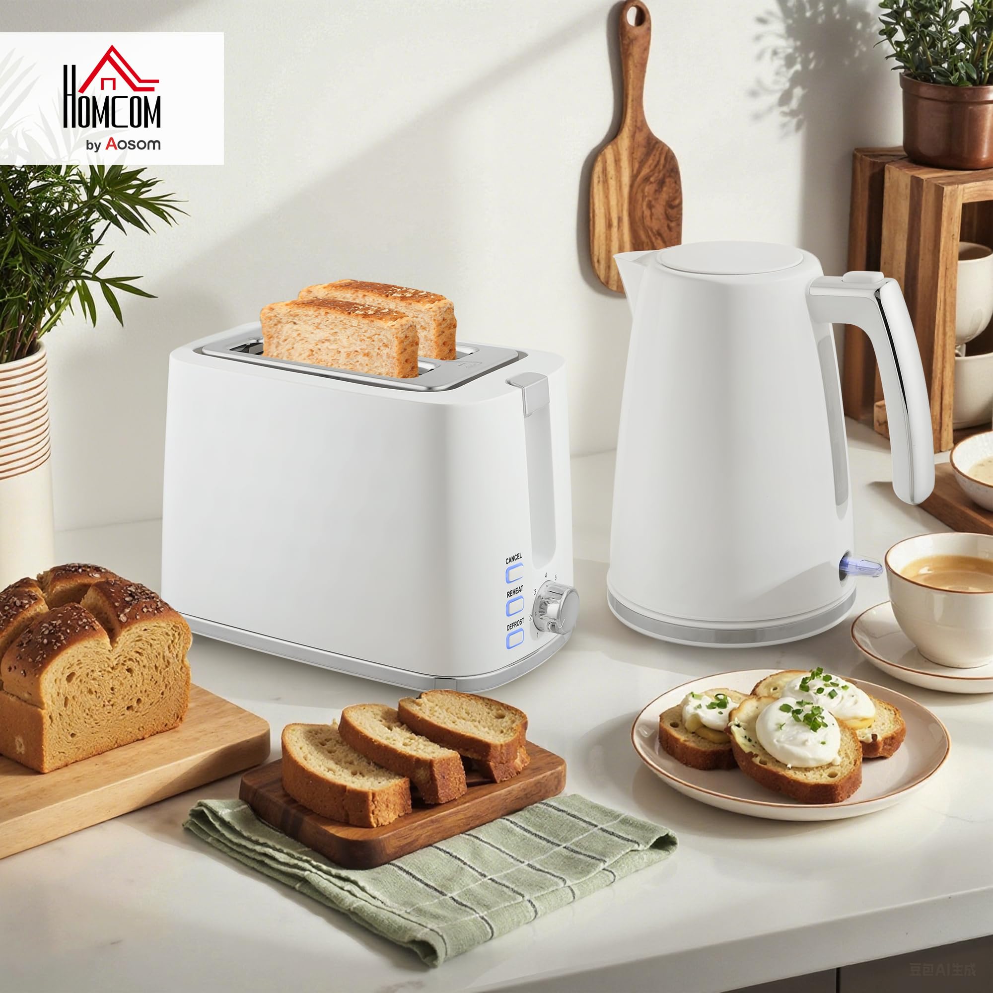 HOMCOM Bouilloire et Grille-Pain Acier 2200 W 1,7 L Thermostat Otter Filtre anticalcaire 2 tranches 7 Niveaux brunissage Blanc