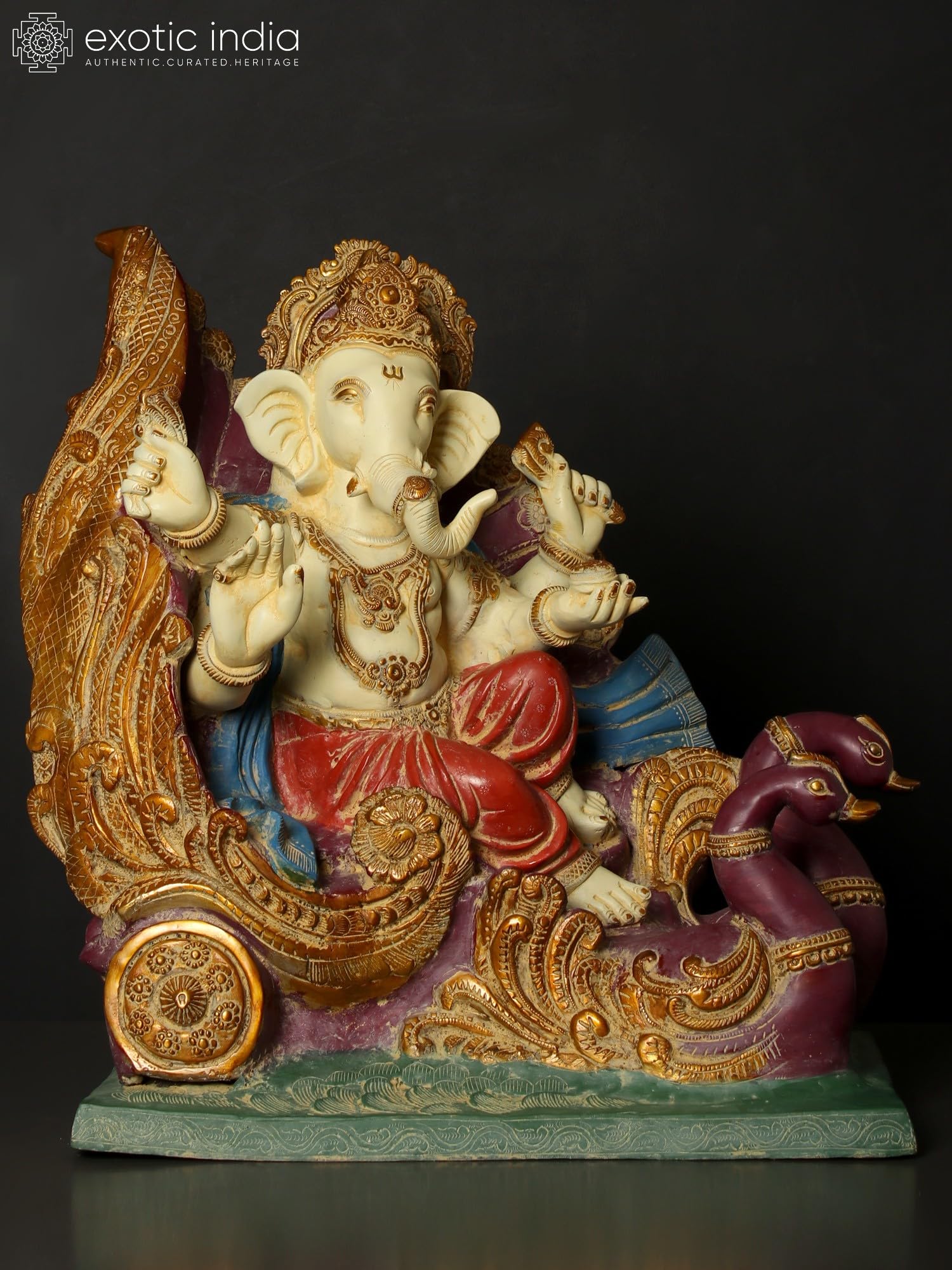 Exotic India Mosiężna statuetka błogosławieństwa lorda Ganesha na rydwanie łabędzia | Ganpati Idol prezent do świątyni Pooja Murti, wystrój domu, biura, dekoracji stołu