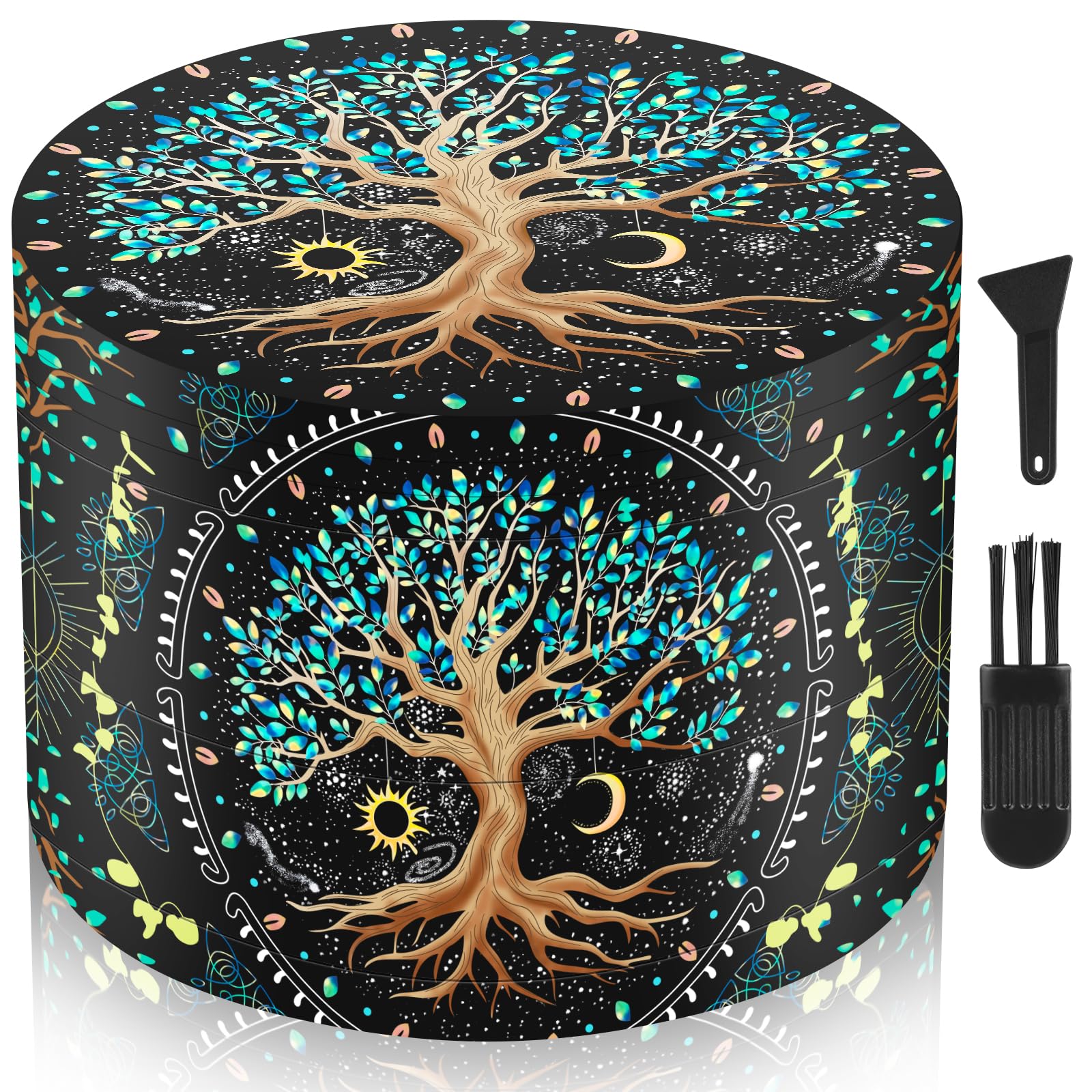 Grinder Herb Large 63mm, 4 Piece Metal Grinder with 40 Sharp Shark Teeth, Cool Fantasy Funny Grinders for Kitchen Spice & Herbal Tea, Gift Set for Boyfriend (Astrological Wheel Tree)