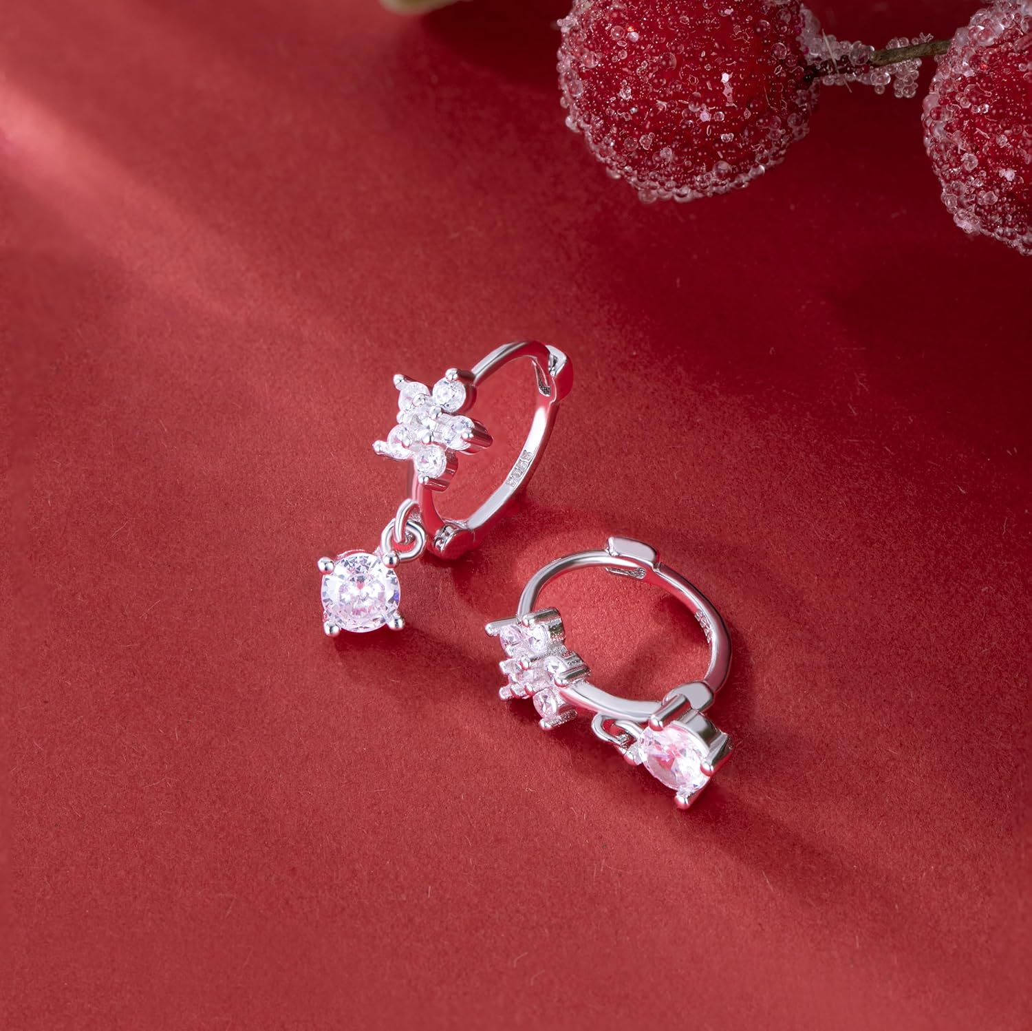 SLUYNZ Sterling Silver Small Flower Hoop Earrings for Women Teens Tiny CZ Flower Small Hoop Earrings Huggie