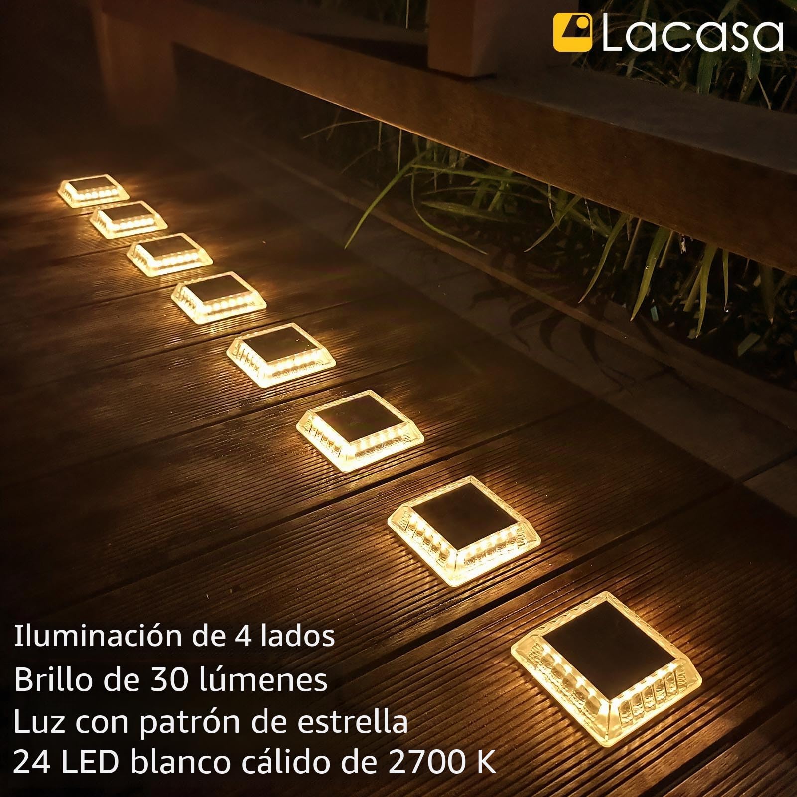 Lacasa Luces Solares Jardin, 8 Pack 30LM LED Lámpara Solar Exterior IP68 Impermeable Luz Solar del Piso Auto ON/OFF Lámparas Solares para Step Camino Deck Dock Valla, Blanco Cálido 2700K Redondo