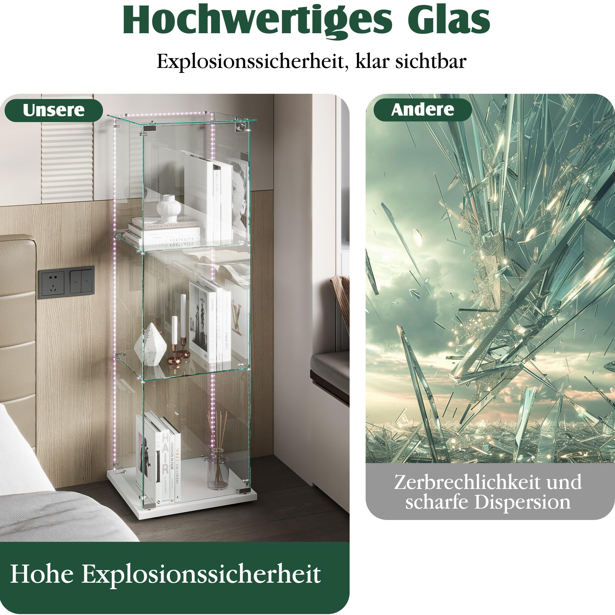 Glasvitrine Standvitrine,Glasvitrine Stehend mit Led,3 Lagen Glas Holz Glas Vitrine Vitrinenschrank 1 TüR und Schloss Vitrine Glasschrank Display Cabinet Sammlervitrine (Weiß, 3 Etagen 1 Tür+LED-2)