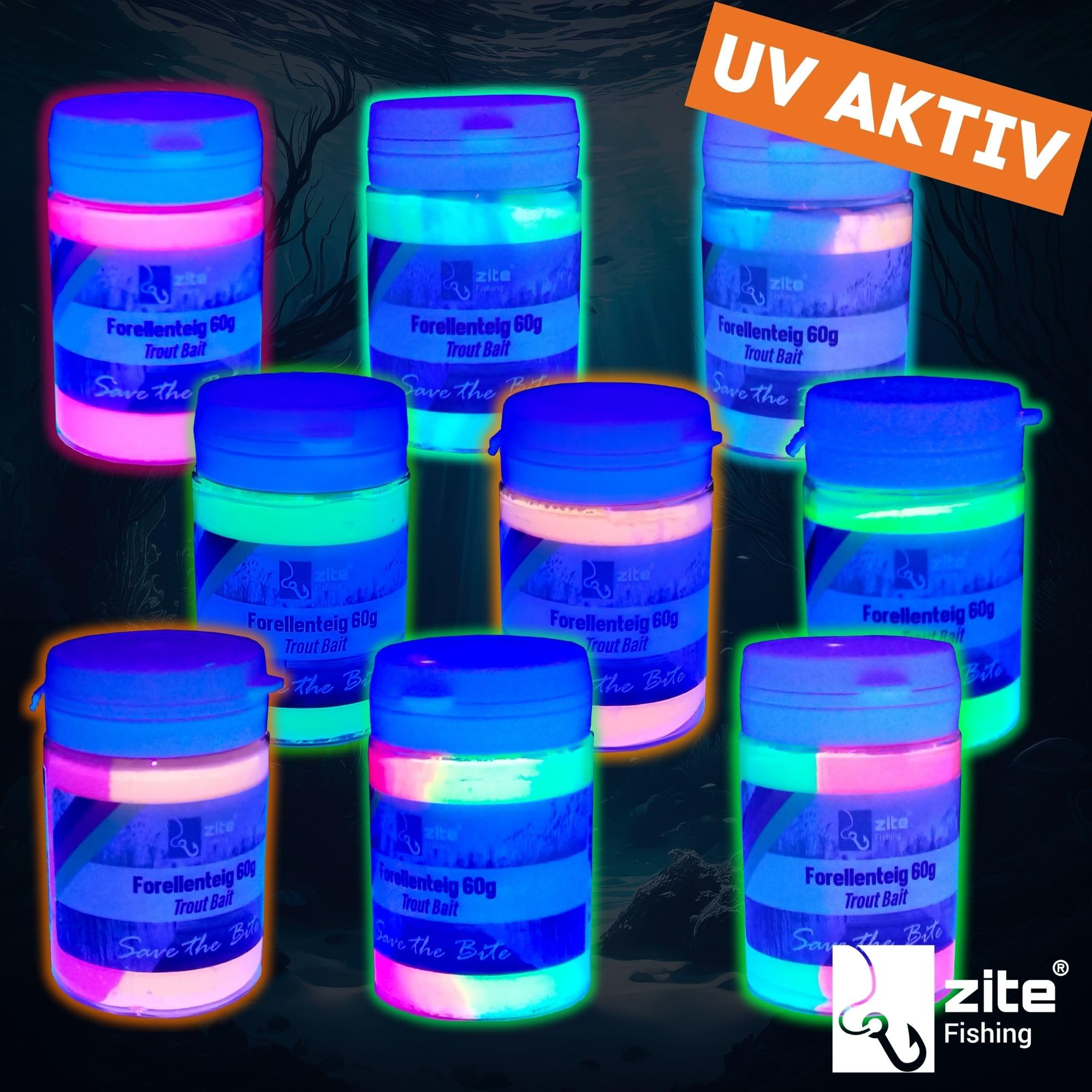 Zite Fishing Forellenteig XXL-Set – Alle 12 Aromen & Farben – 12x60g Trout Bait Forellenpaste - Angelteig mit Glitter als Forellen-Köder