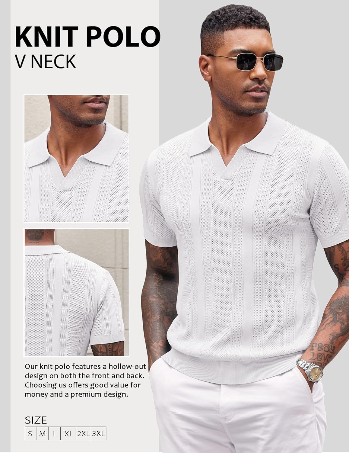 COOFANDY Mens Knit Polo Shirts V Neck Textured Polo Shirts Short Sleeve Breathable Polo Casual Collared T Shirt Fashion Tops - Image 4