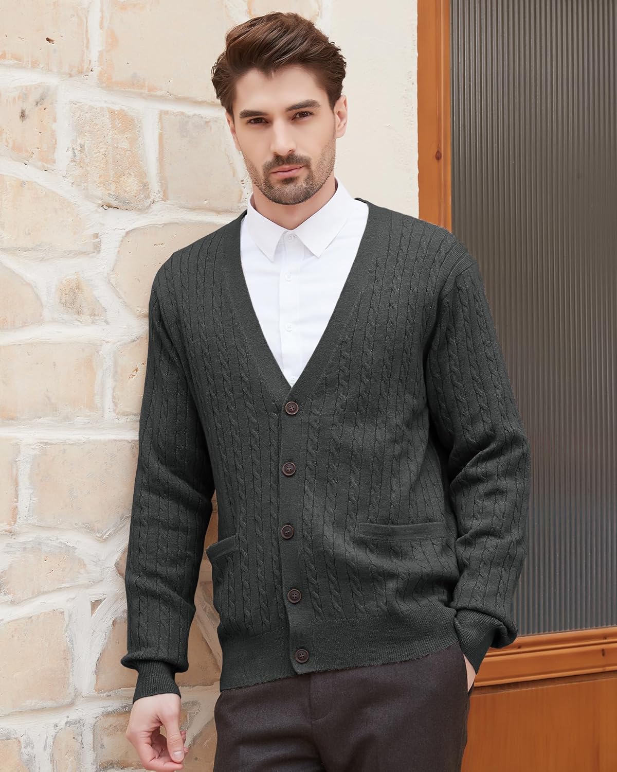 Kallspin Men's Cardigan Sweater Wool Blend Cable Knit V Neck Buttons Cardigan with Pockets - Image 2