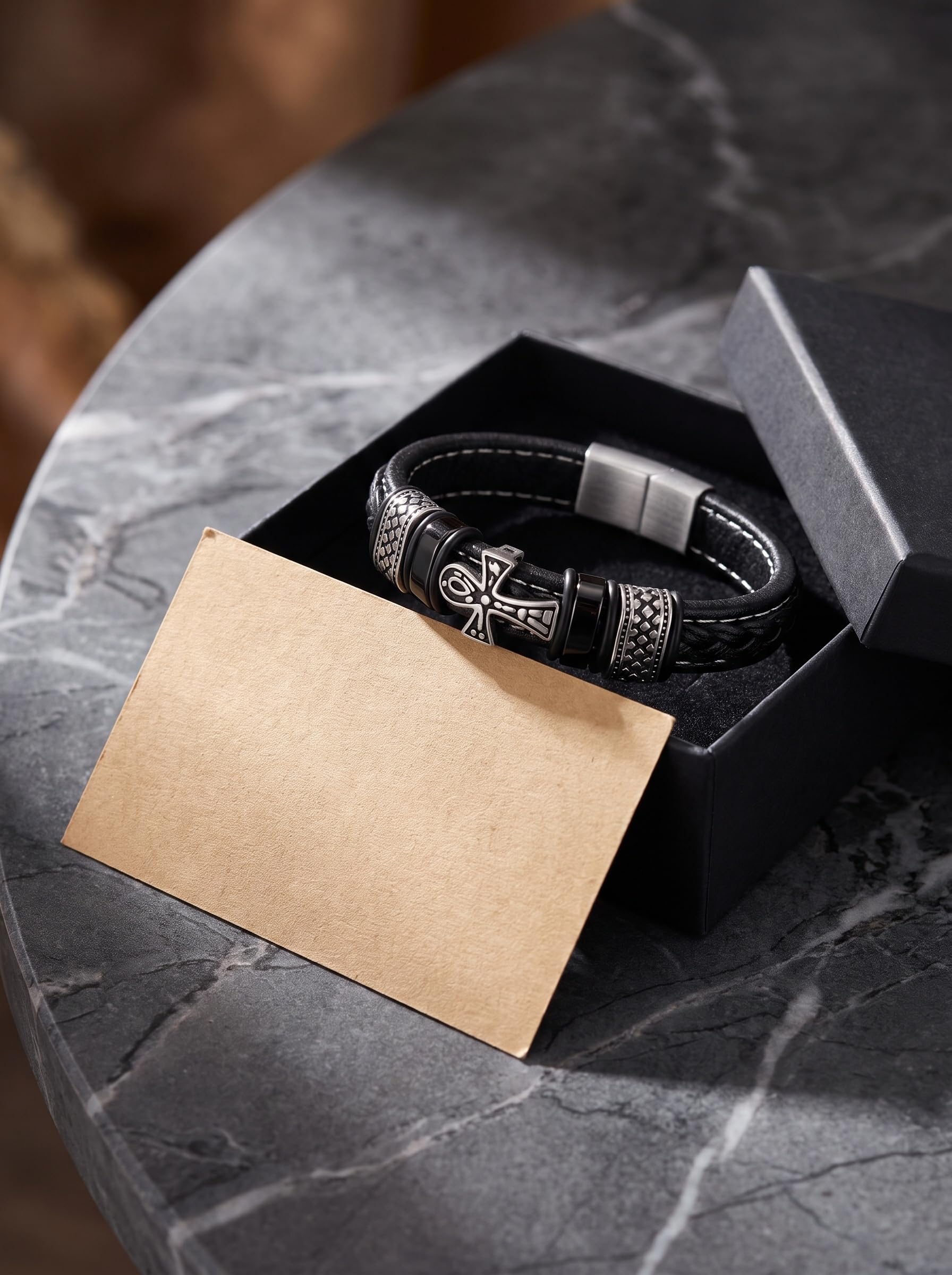 Bracelet en cuir et acier inoxydable avec croix pour homme