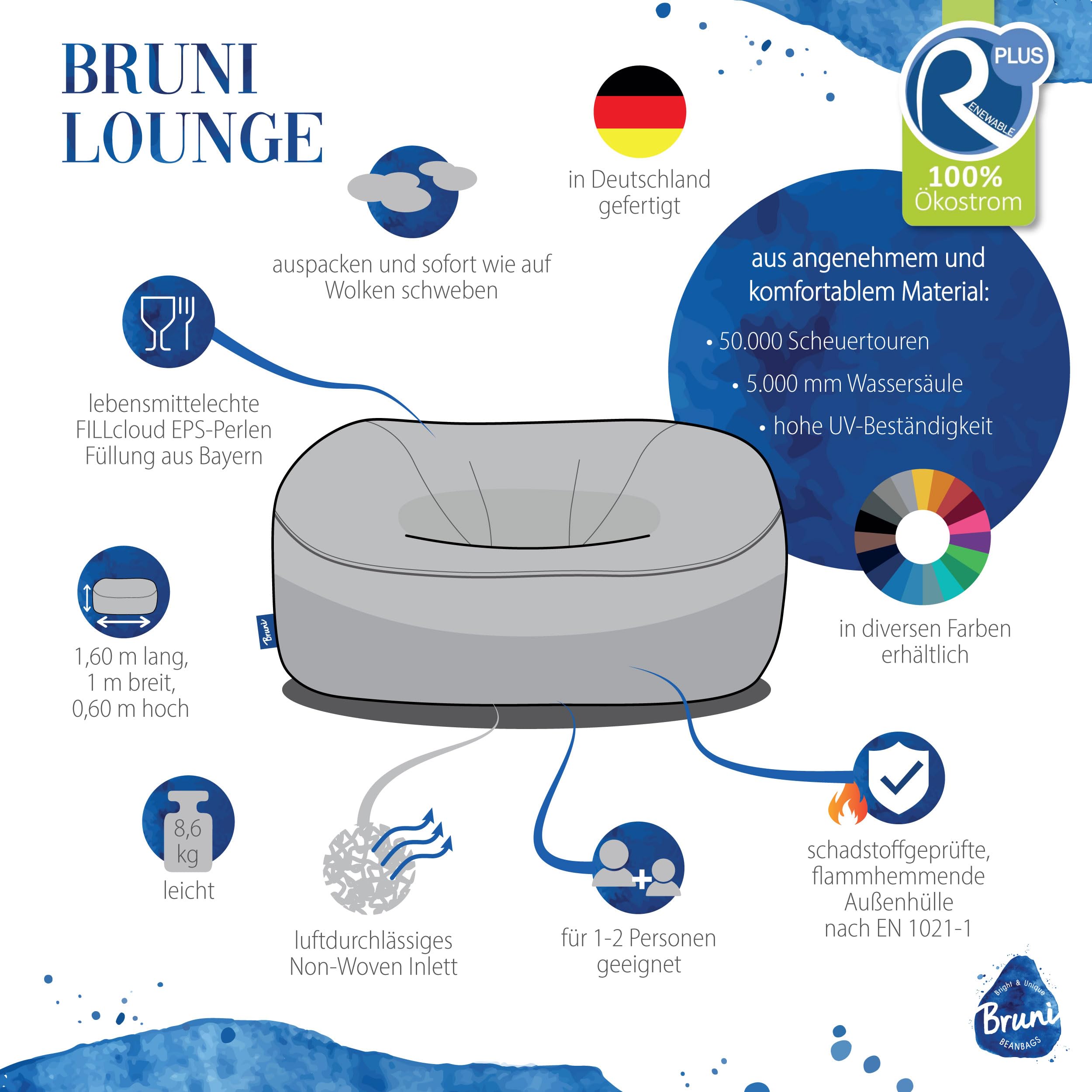 Bruni Sofá para puf de salón, para interior y exterior, XXL, para 1-2 personas (azul, M)