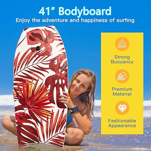 Miniatura 4 de GYMAX Boogie Boards para playa, 33"37"41" bodyboard súper ligero con fondo liso de polietileno de alta densidad y correa de muñeca premium,