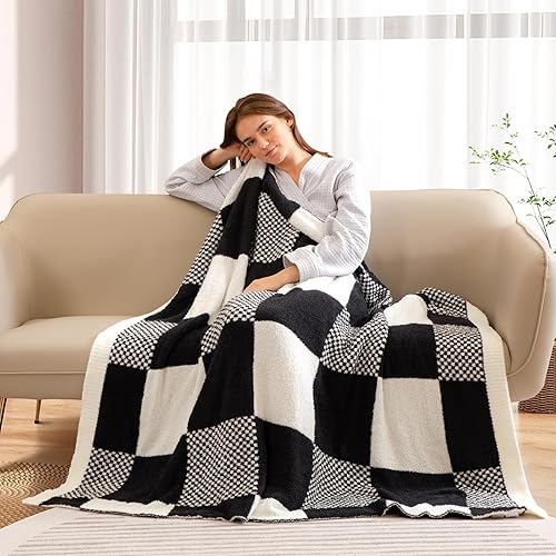Miniatura 3 de Snuggle Sac Manta de cuadros negros para sofá, manta reversible, cálida, acogedora, de punto, mullida, ligera, para sofá, cama, campamento, picnic,
