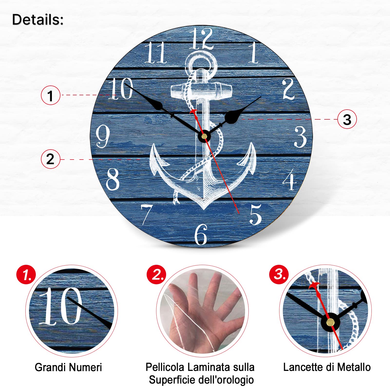 TAHEAT 34 cm Bianca Ancora Orologio da parete, Non ticchettio Orologi, Nautico Retrò In legno Numeri arabi Orologi, Facile da leggere Orologi da Parete per Cucina/Soggiorno/Camera da letto