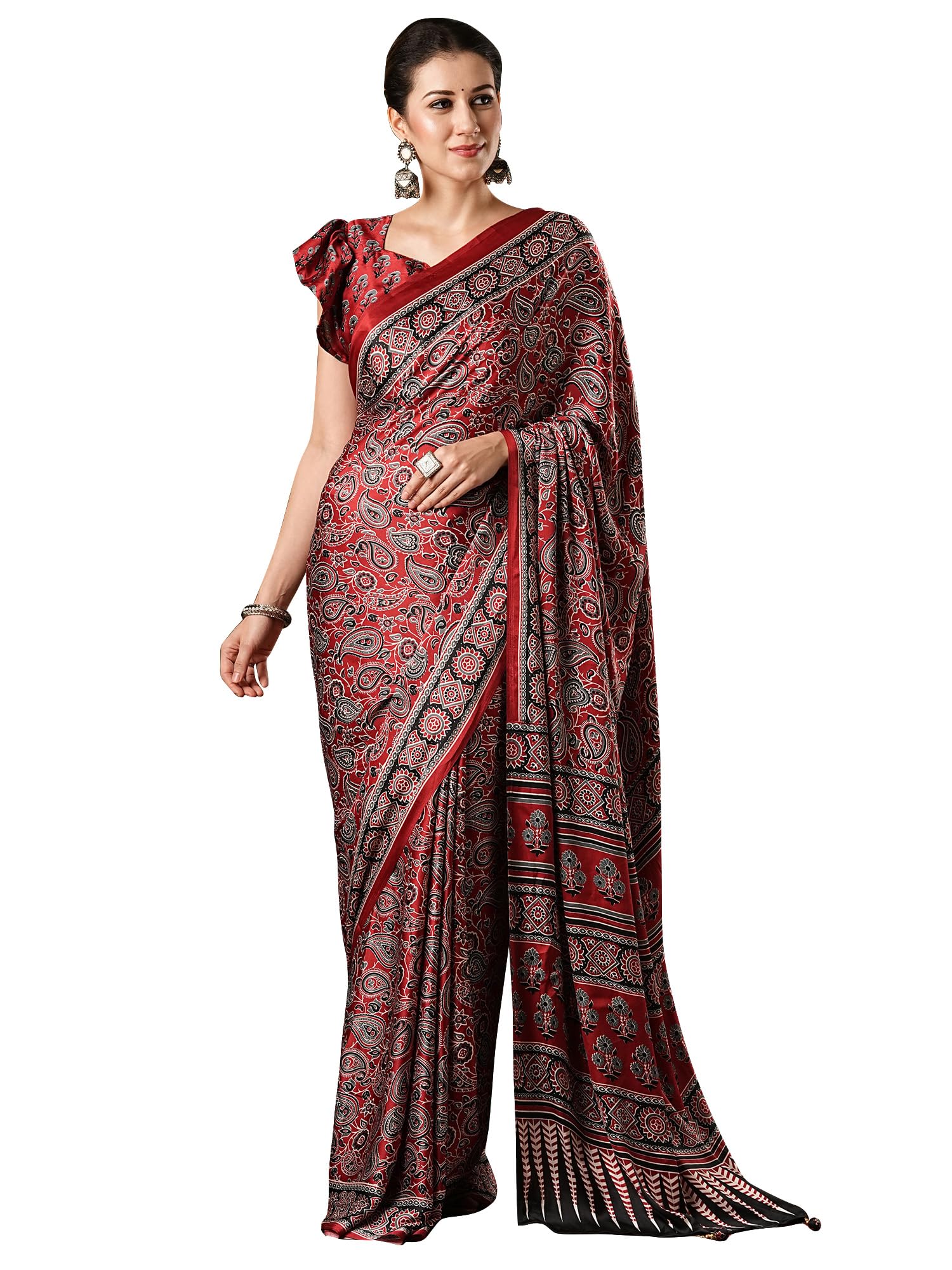 Women's Multicolor Crepe Ajrak Printed Saree with Unstitched Blouse Piece(MOHAR201A_HS11_Parent)-image-41