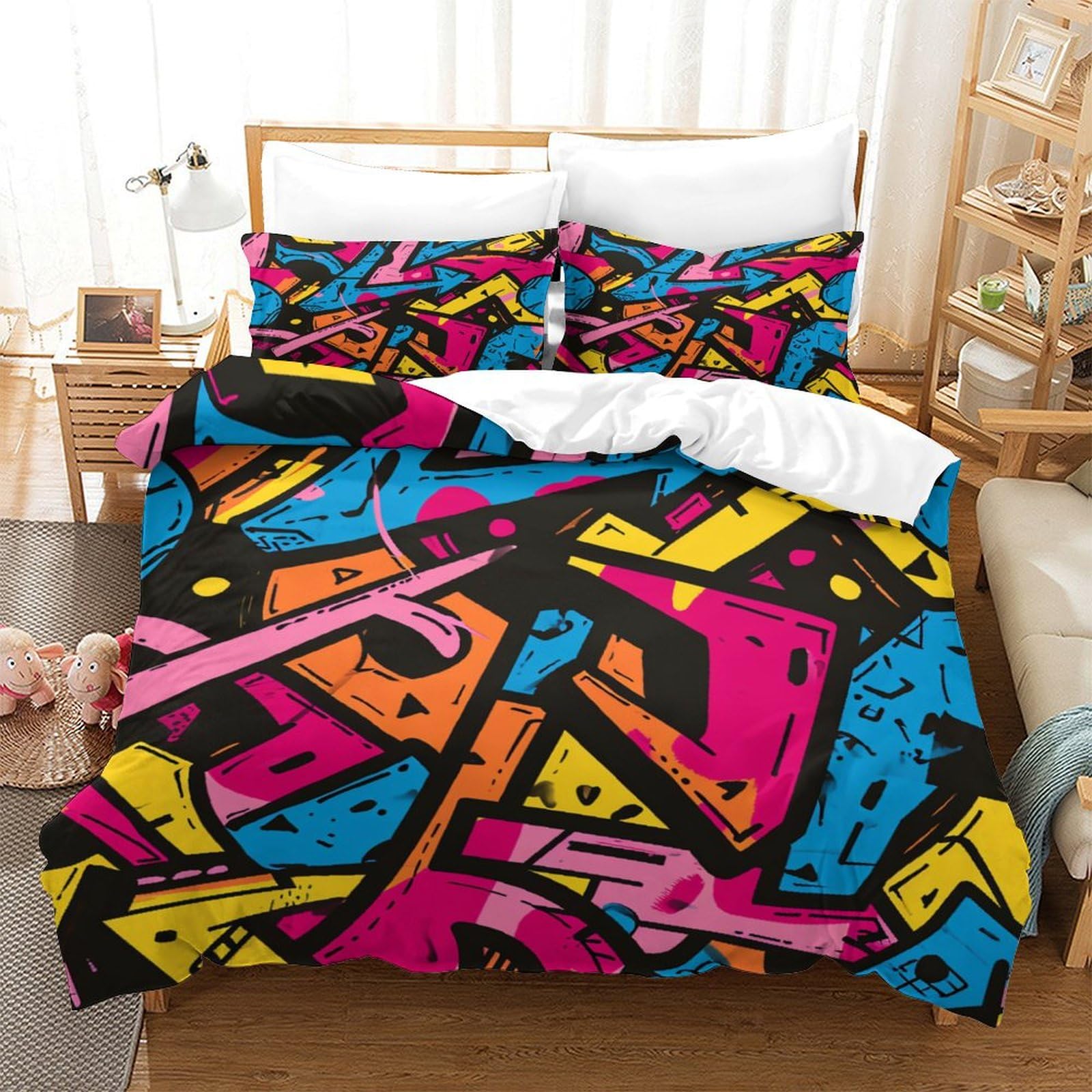 Housse de couette graffiti 3D en microfibre douce et facile à laver 140x200