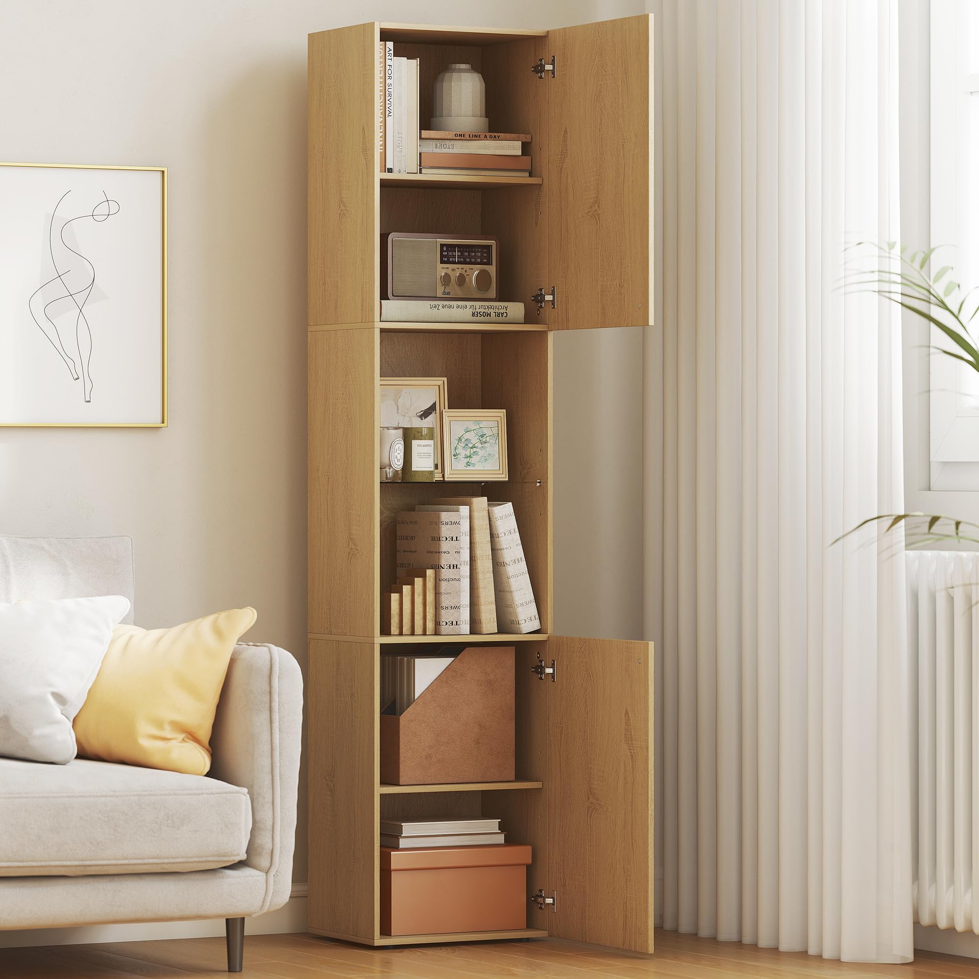 HOMCOM Meuble Colonne Salle de Bain, Meuble de Rangement étroit 6 Niveaux, 2 Portes, Compartiments Ouverts, étagère Verre trempé, étagères réglables, pour Toilette, Petits espaces, 40x31x182cm, chêne