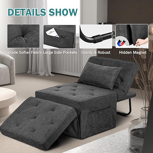 Miniatura 4 de Sofá cama convertible, cama otomana plegable multifunción 4 en 1 con respaldo ajustable, moderna silla extraíble para sala de estar, apartamento,
