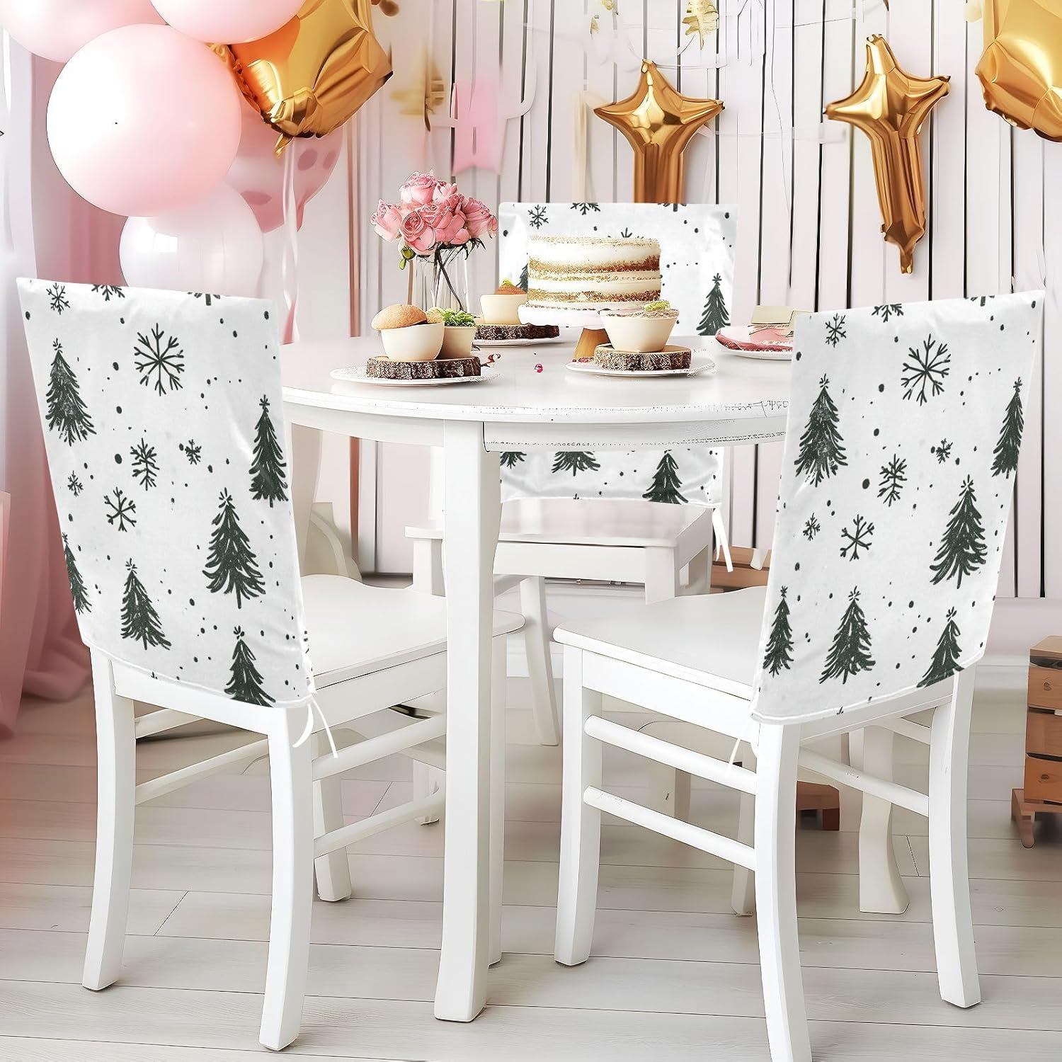 ALAZA Christmas Trees and Snowflakes Chair Back Cover Set of 6, Washable Reusable Removable Chair Slipcovers Decorative Chair Cover for Home Kitchen Wedding Party