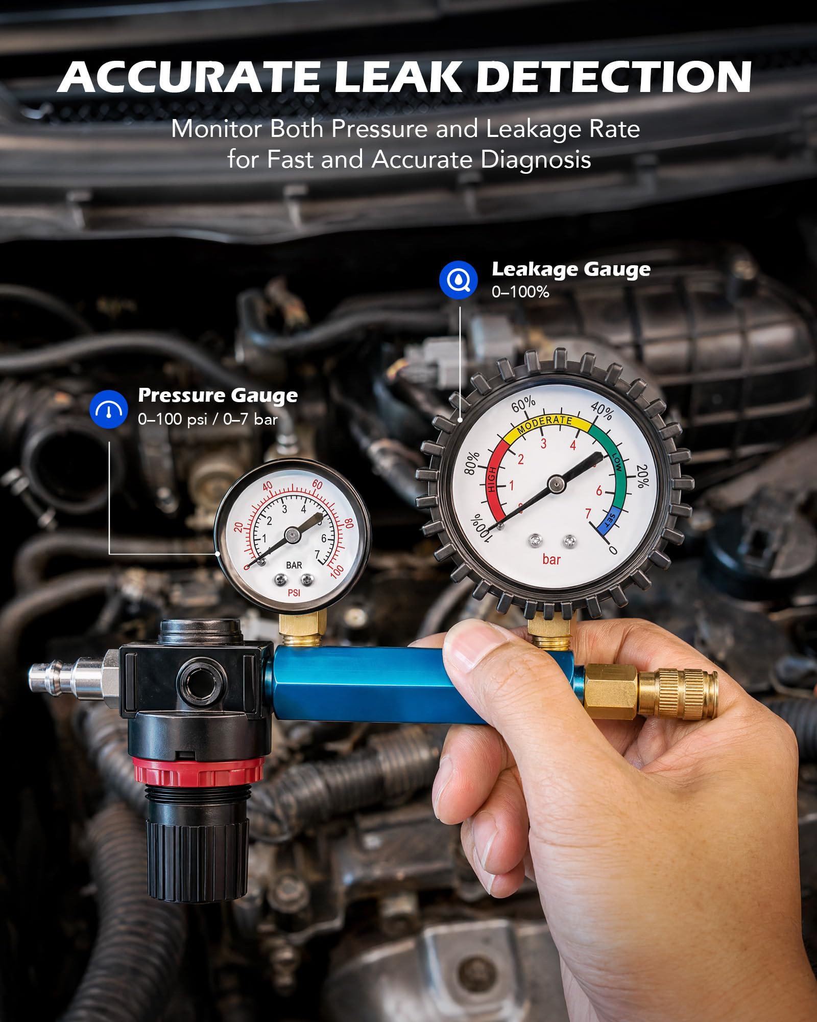 Orion Motor Tech Tester Compressione Motore 51-PZ. Kit di Prova Perdite Cilindri con Doppio Manometro Adattatori Tubi Flessibili e Attacchi Rapidi per Motori Benzina Diesel HDi TDCi e PD