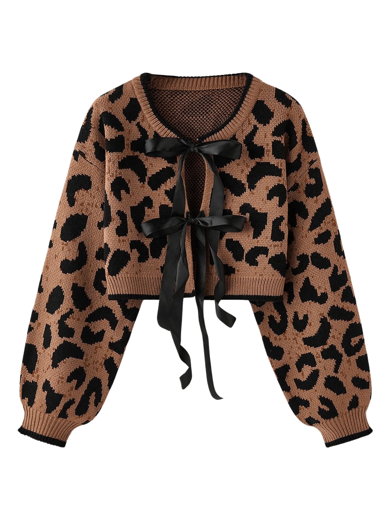 Womens Y2k Cheetah Cardigan Sweater Bow Tie Front Cardigan Leopard Print Crop Sweater Long Sleeve Crew Neck Knit