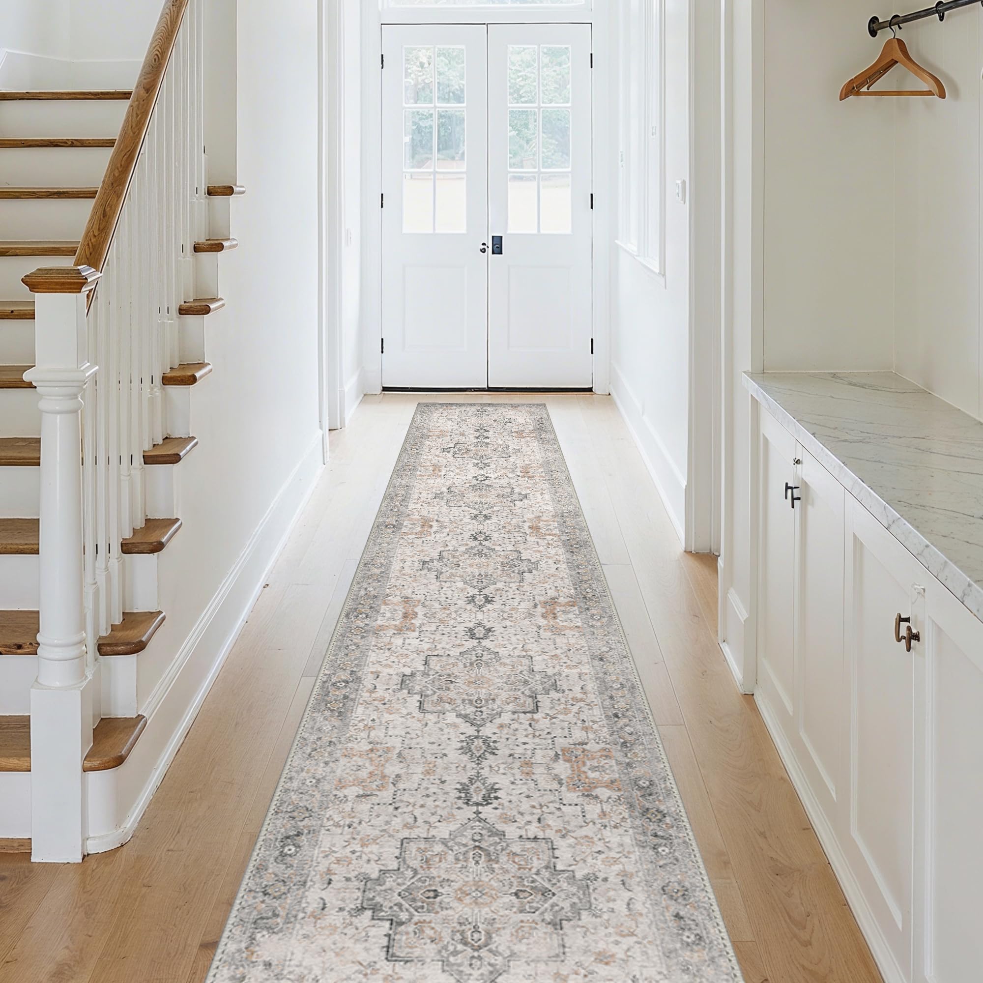 genimo runner rug 2x10 machine washable non slip vintage hallway runner rug, low pile lightweight rugs for indoor entryway, hallway, kitchen and corridor, light taupe brown