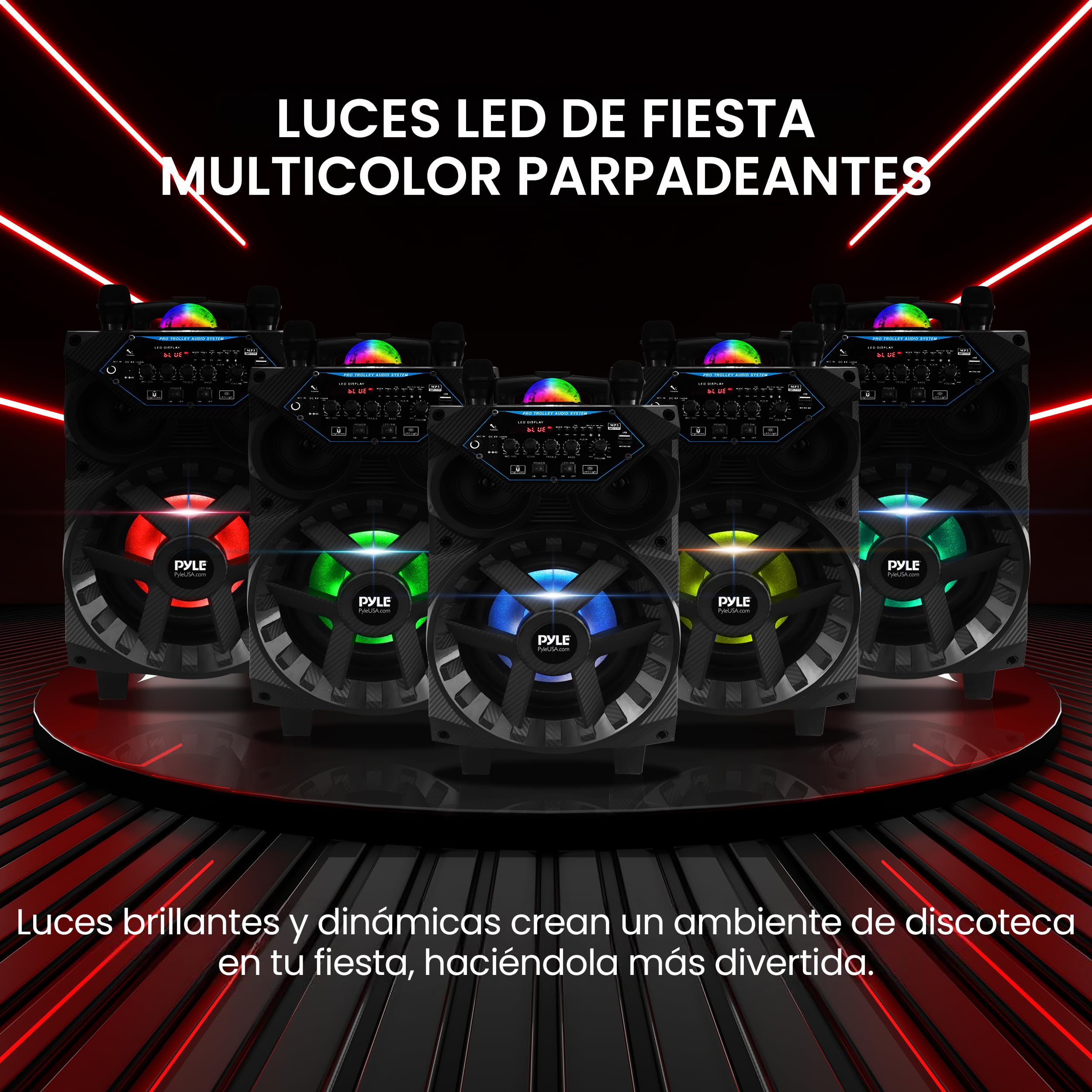 Pyle Altavoz Bluetooth, Potente, 580W, Inalambrico, Luces, Karaoke, Portatil, Microfono, USB, AUX, MP3, SD, FM, Trolley con Ruedas