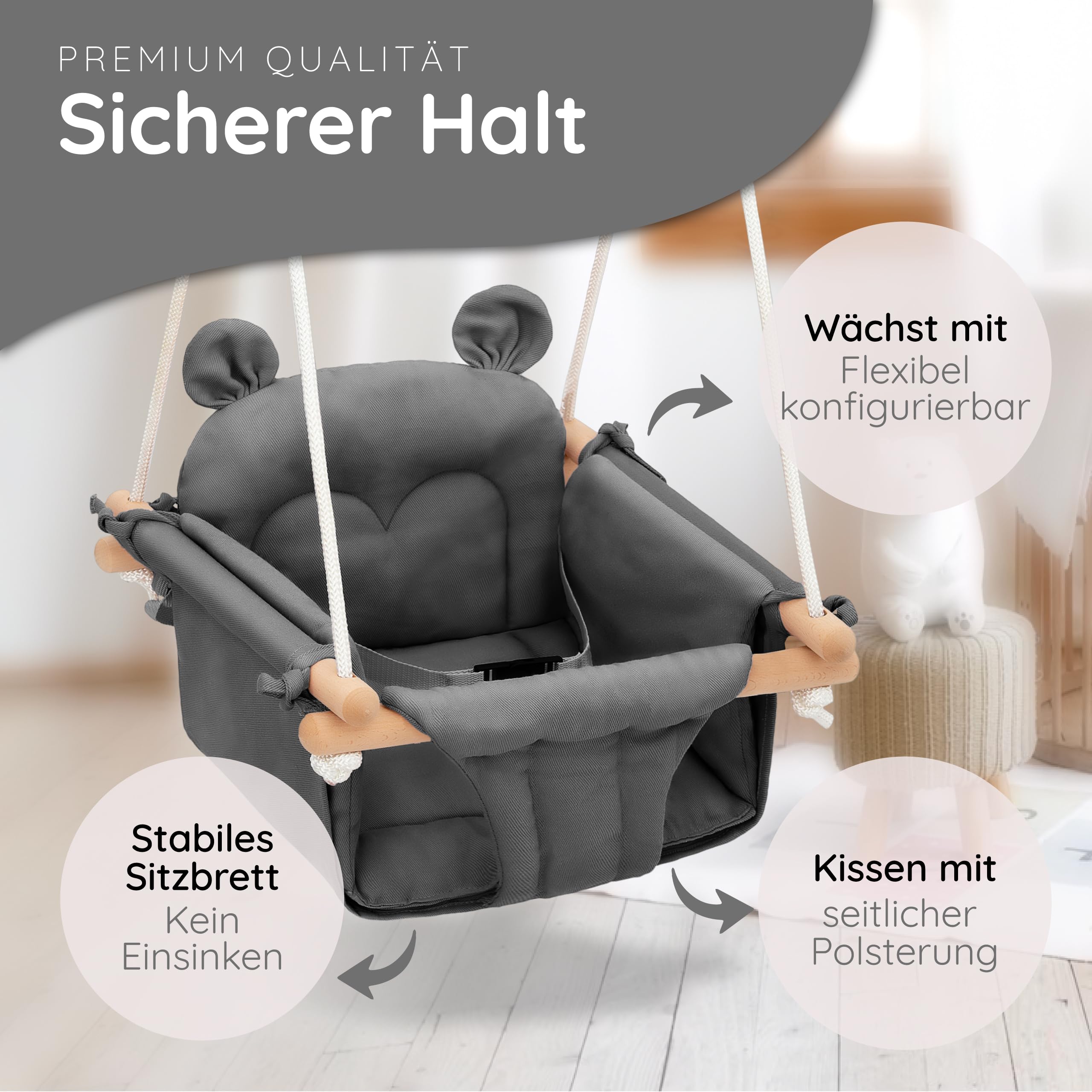 AMAZINGs Baby und Kinderschaukel | Mitwachsende Babyschaukel. Komplettset mit Aufhängung für Indoor und Outdoor | 3 in 1 Gurtsystem. Für Babys und Kinder ab 7 Monate bis 3 Jahre - Grau
