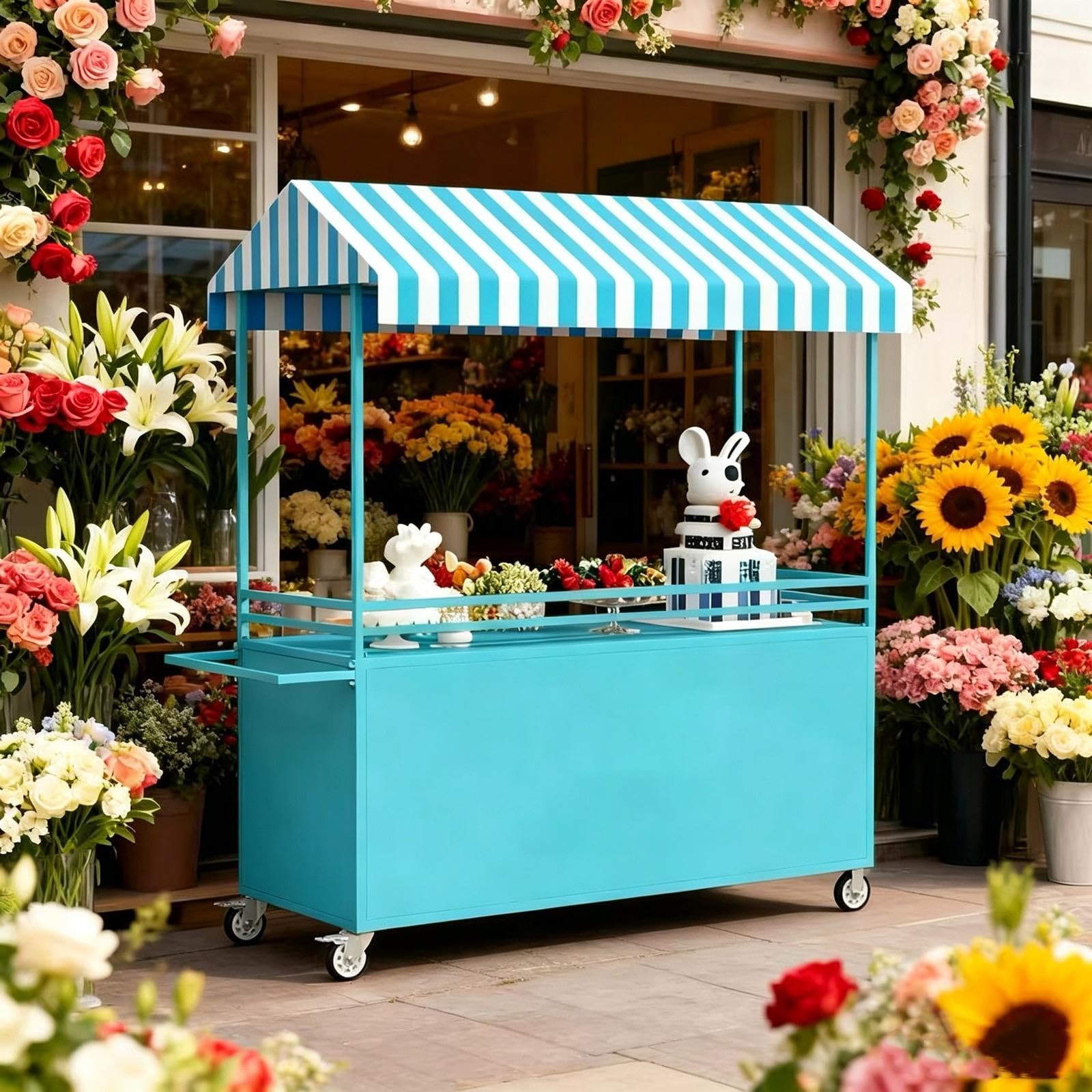Carrello alimentare portatile con tettoia e ruote bloccabili
