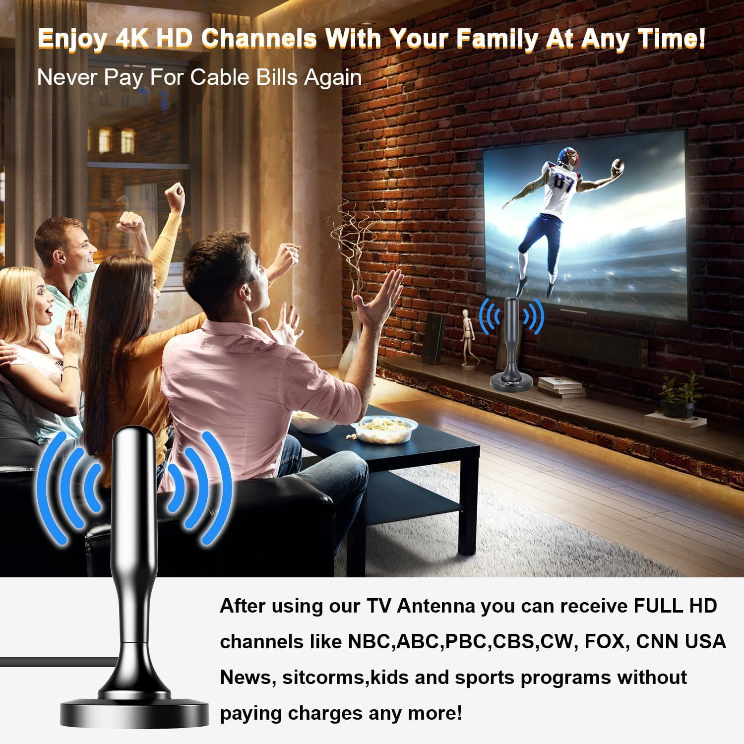 TV Antenna Indoor, TV Antenna for Smart TV Indoor, Digital Indoor TV Antenna for Local Channels with Strong Magnetic Base, Easy Installation, Long Range Reception 4K 1080P TV Antenna (Black) - 3