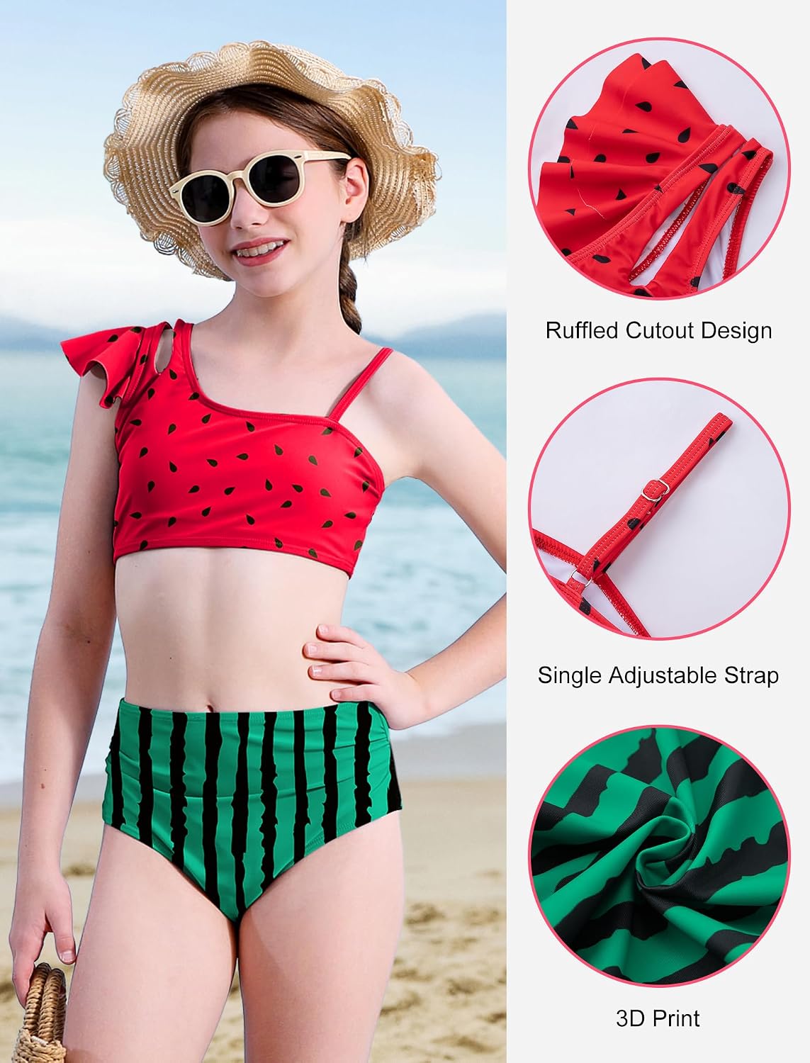Girls Swimsuit, 2 Piece Bikini Set Ruffle Bathing Suit with Adjustable Strap Girls' Swimwear 7-16Y