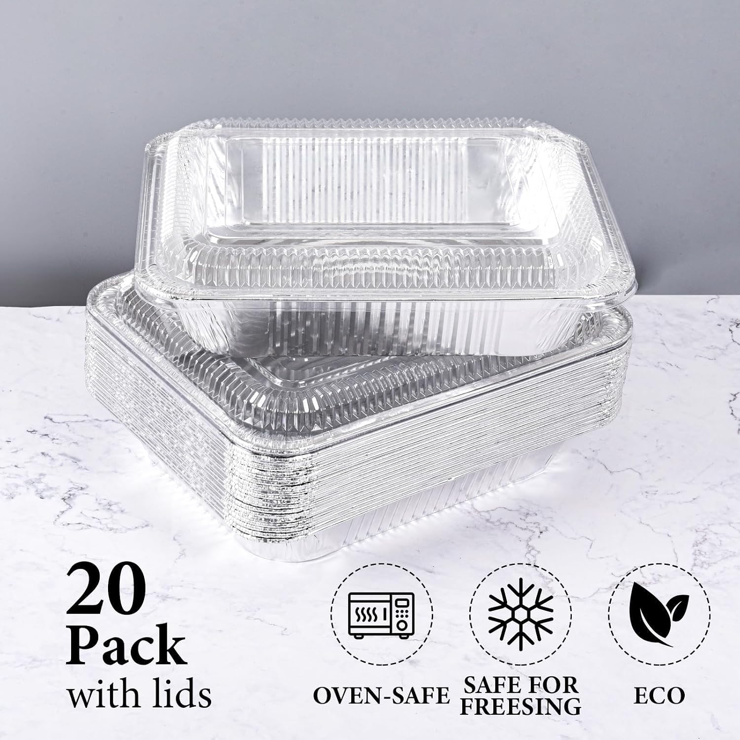 9x13 Inch Disposable Aluminum Foil Pans with Clear Lids(20 Pack)Half Size Tin Foil Pans,Disposable Food Containers Baking Pans For Cooking, Meal Prep, Roasting, Chafing, Heating, Steam Table image 4
