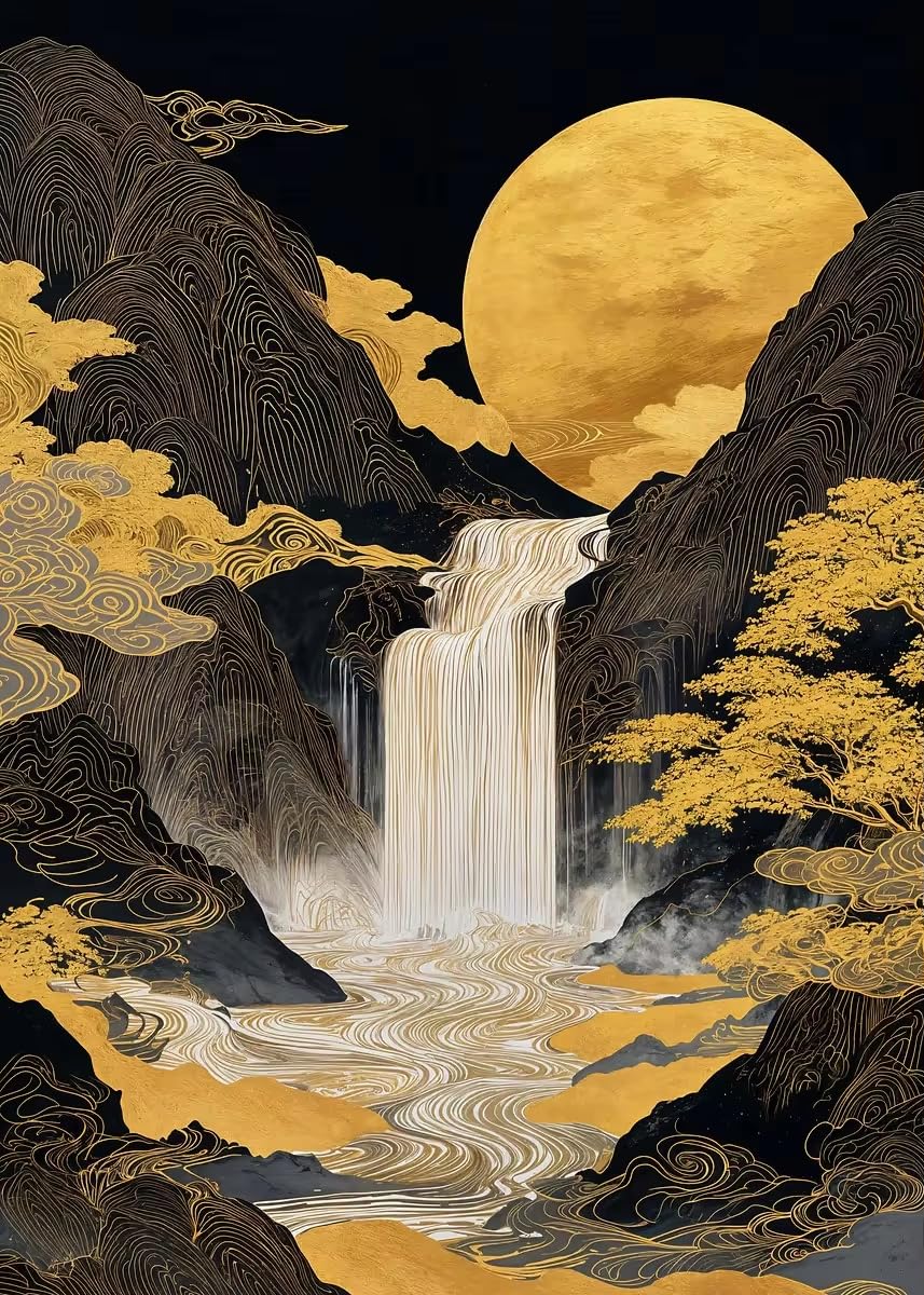 AEFOUU Golden Waterfall Landscape with Full Moon Mountain Wave Poster Canvas Painting Print Wall Art Picture for Living Room Home(50x70cm/20x28in/Frameless)