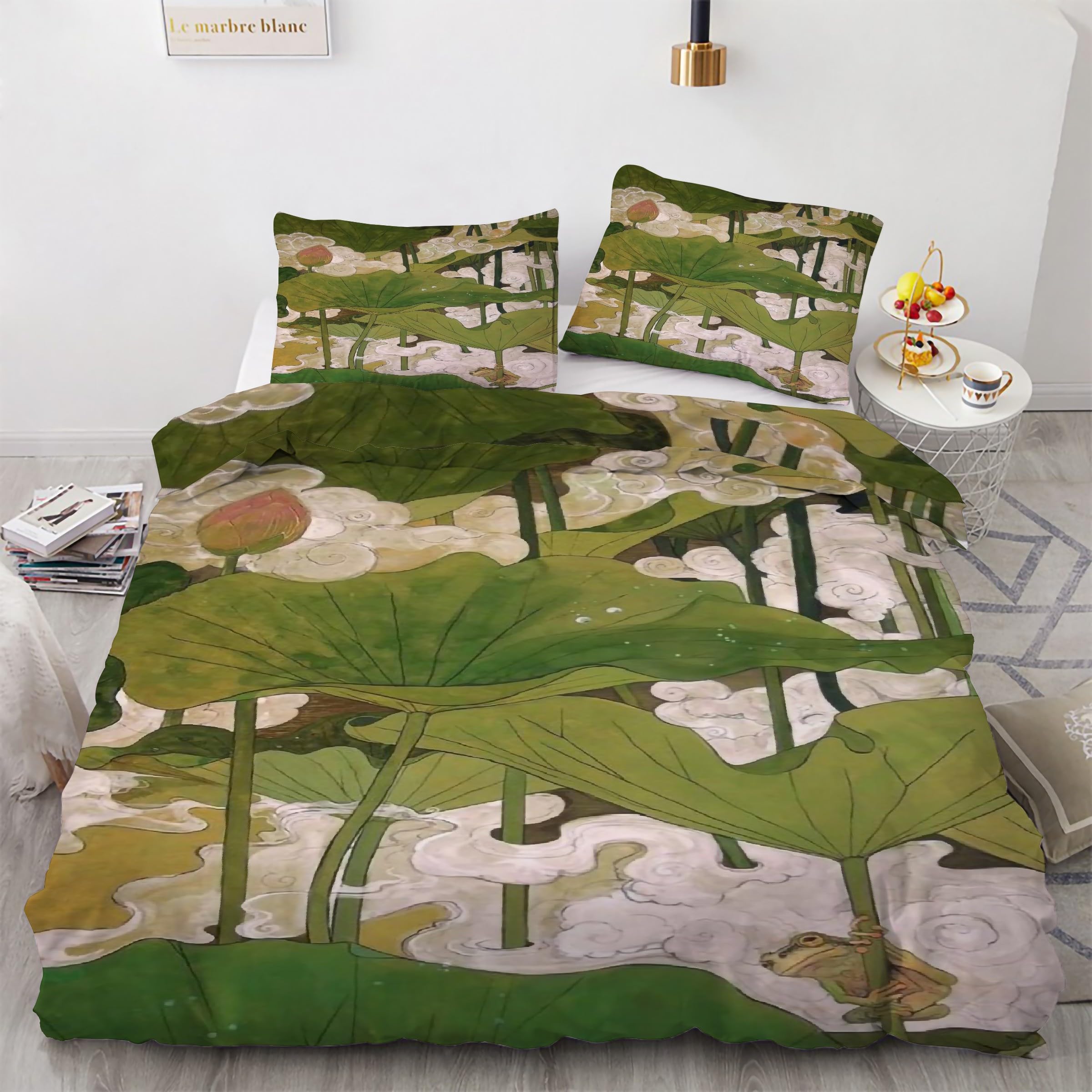 Parure de lit 200x200 feuille de lotus : housse de couette microfibre et taies 65x65